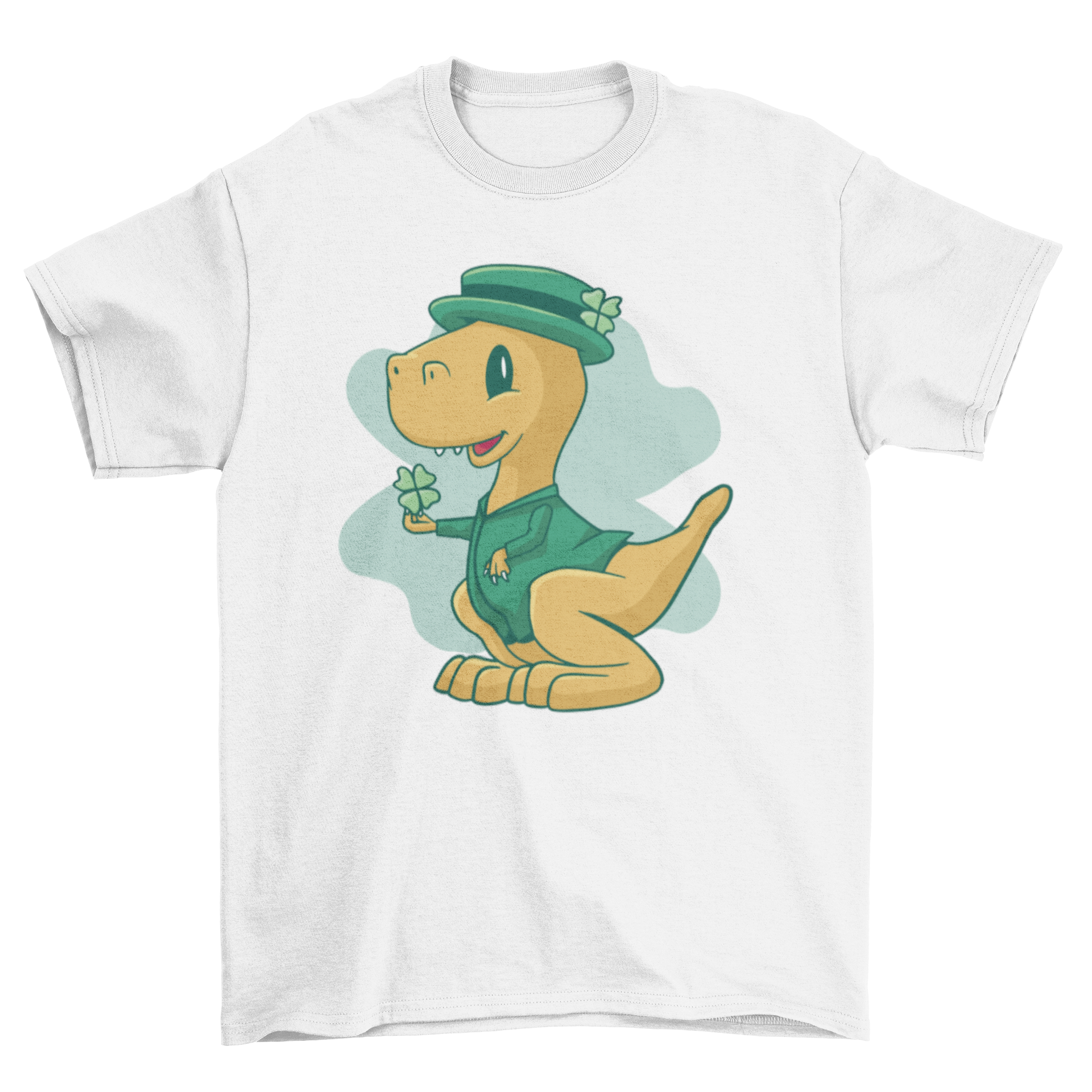 Cute dinosaur wearing a St. Patrick's Day costume on a t-shirt, featuring vibrant colors and playful design.