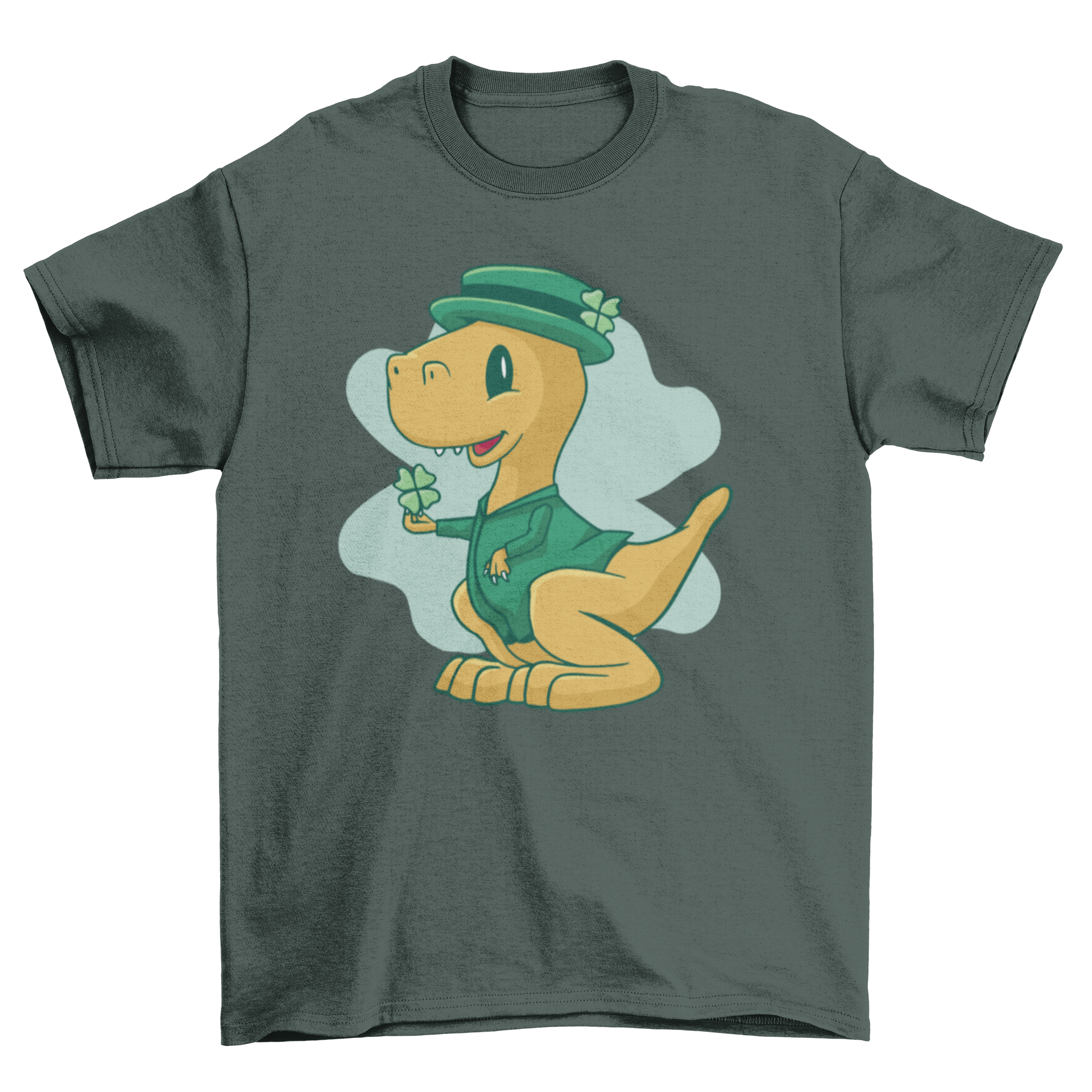 Cute dinosaur wearing a St. Patrick's Day costume on a t-shirt, featuring vibrant colors and playful design.