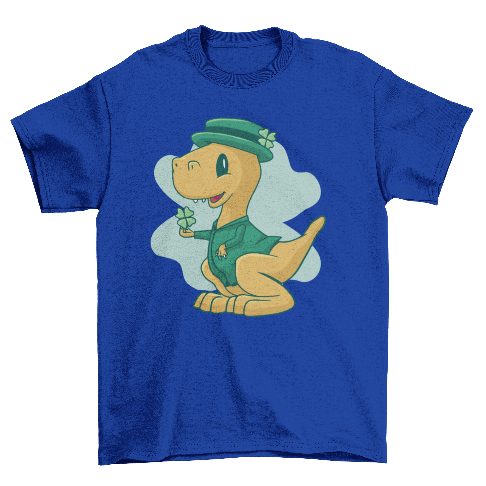 Cute dinosaur wearing a St. Patrick's Day costume on a t-shirt, featuring vibrant colors and playful design.