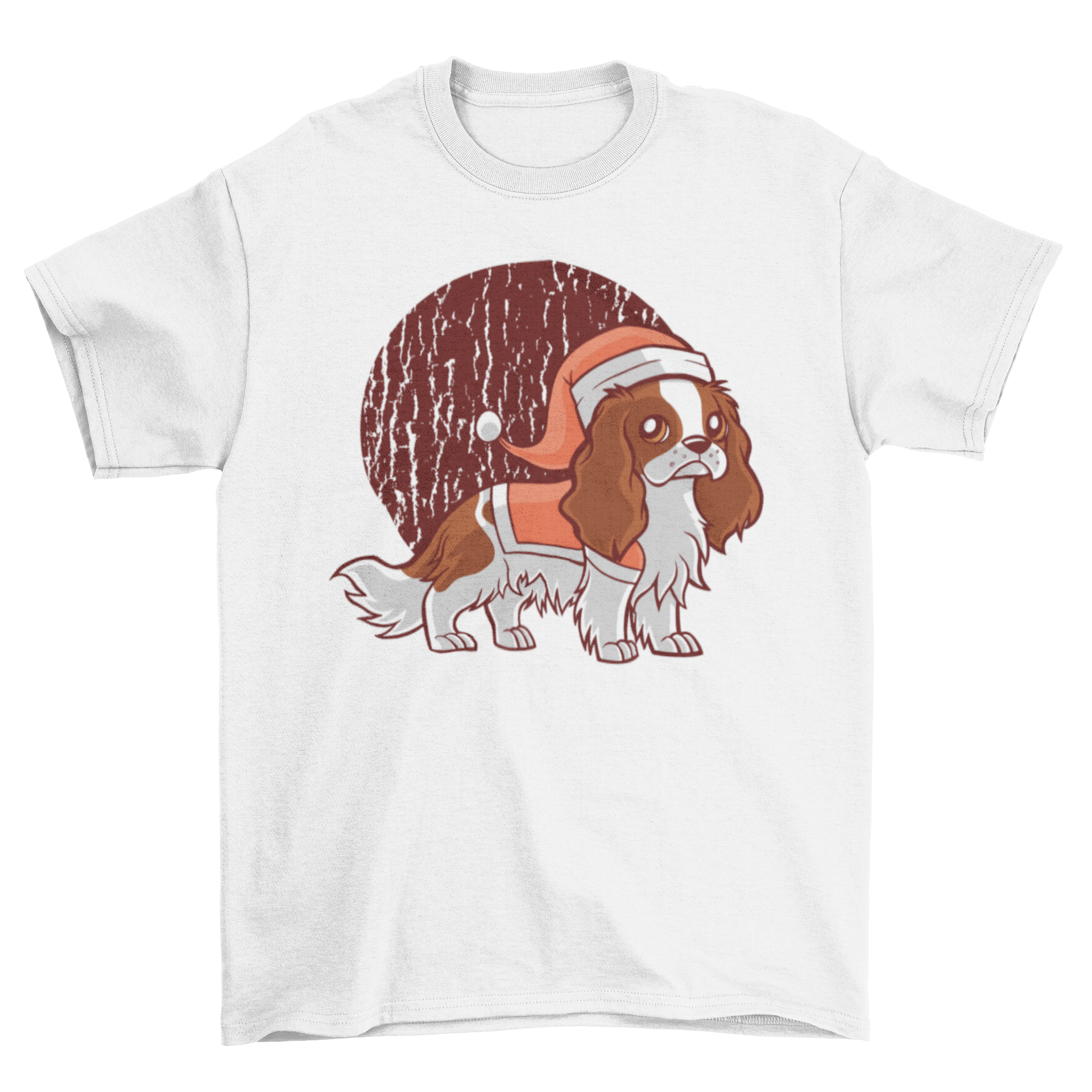 A cute dog wearing a Santa hat on a festive t-shirt, showcasing a playful holiday spirit.