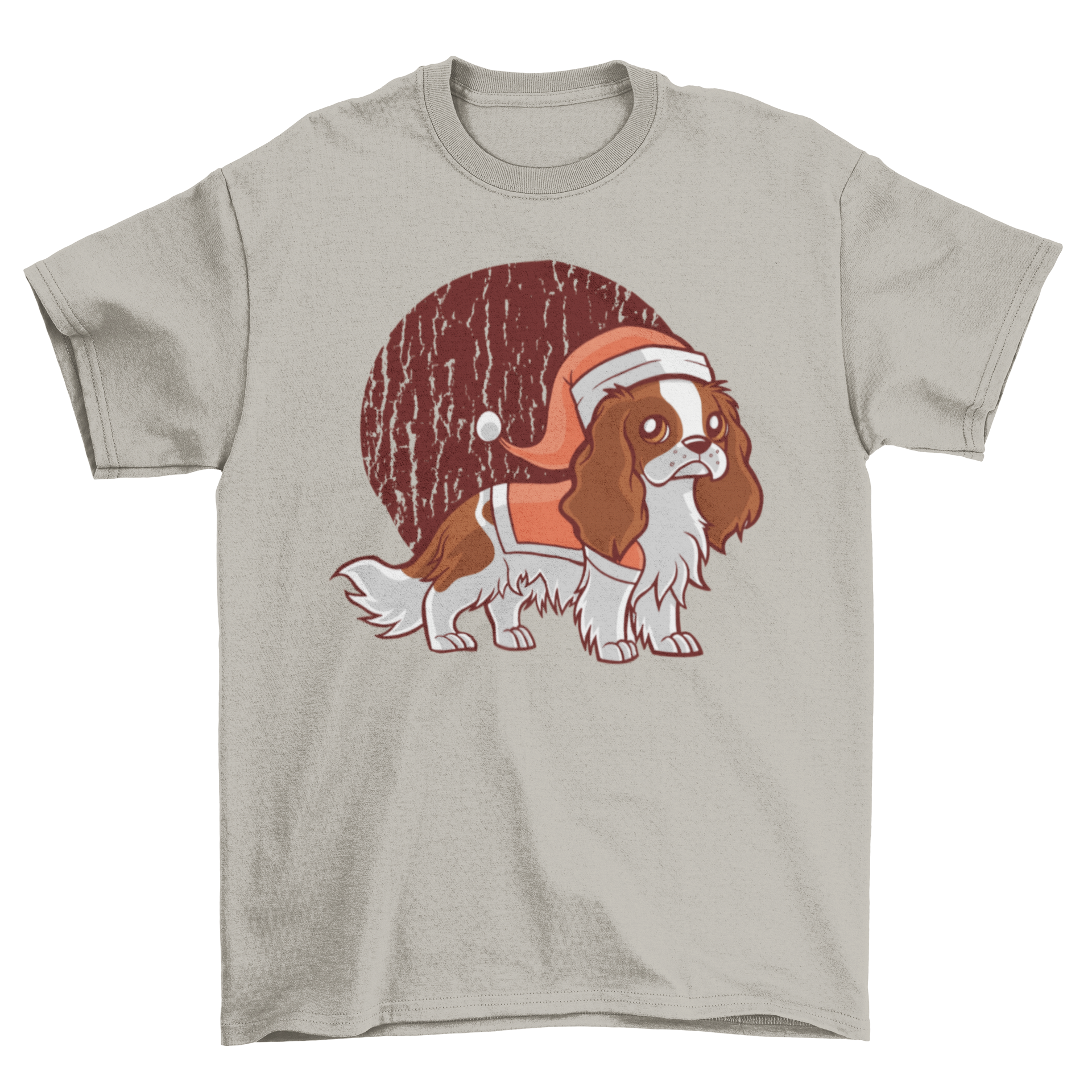 A cute dog wearing a Santa hat on a festive t-shirt, showcasing a playful holiday spirit.