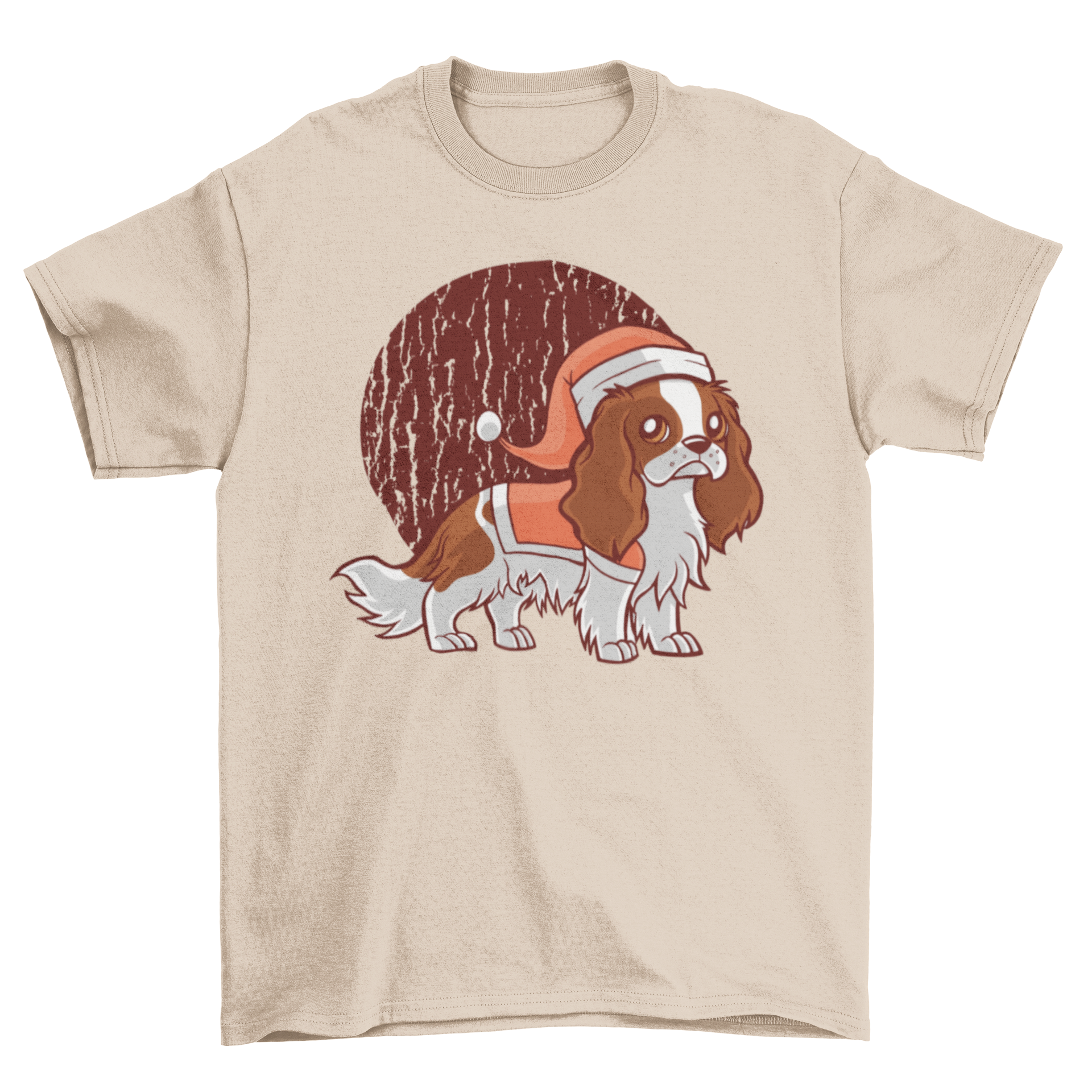 A cute dog wearing a Santa hat on a festive t-shirt, showcasing a playful holiday spirit.