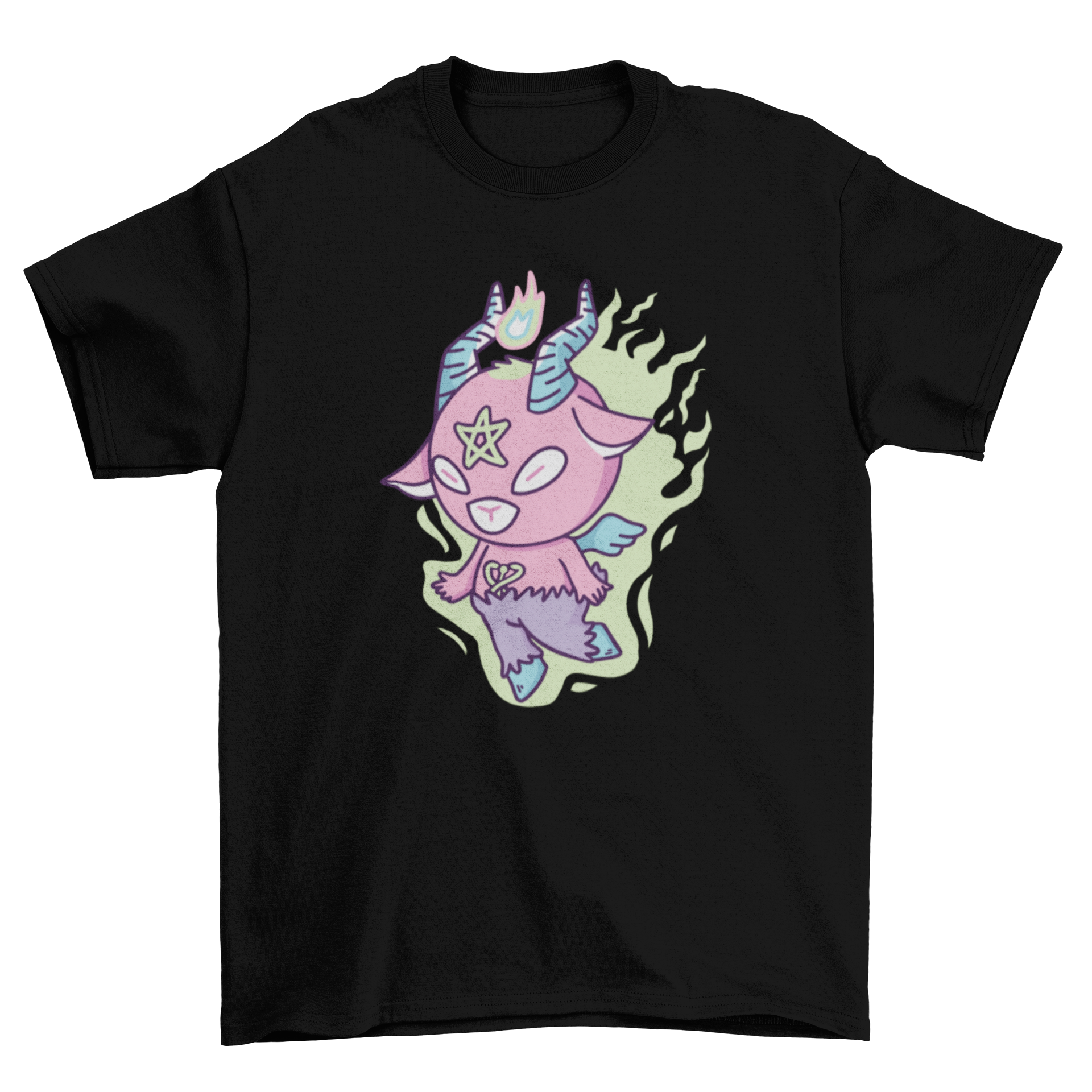 Cute satanic monster goat t-shirt featuring a goat with wings and flames.