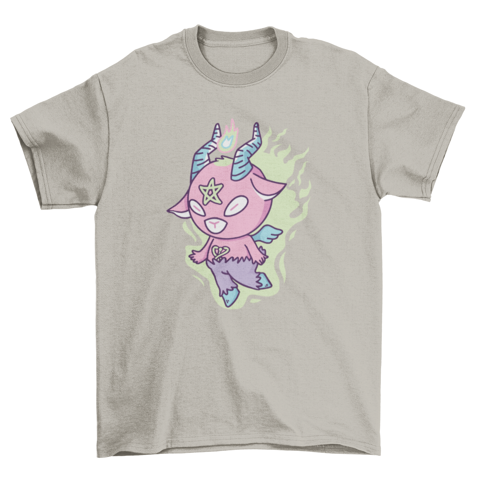 Cute satanic monster goat t-shirt featuring a goat with wings and flames.