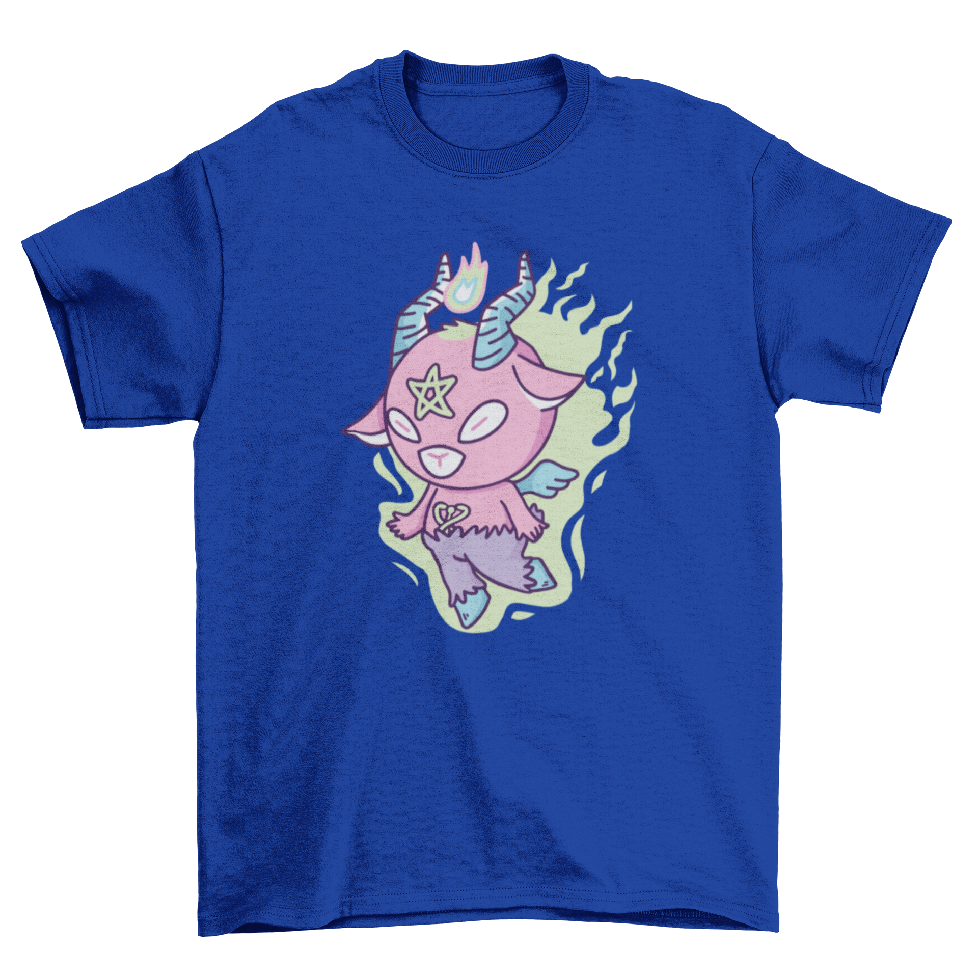 Cute satanic monster goat t-shirt featuring a goat with wings and flames.