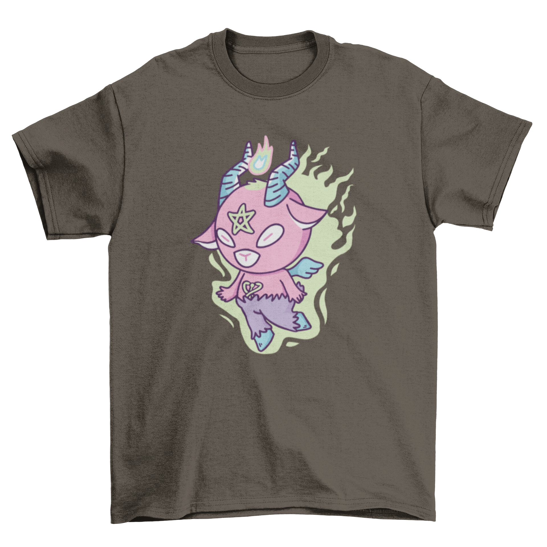 Cute satanic monster goat t-shirt featuring a goat with wings and flames.