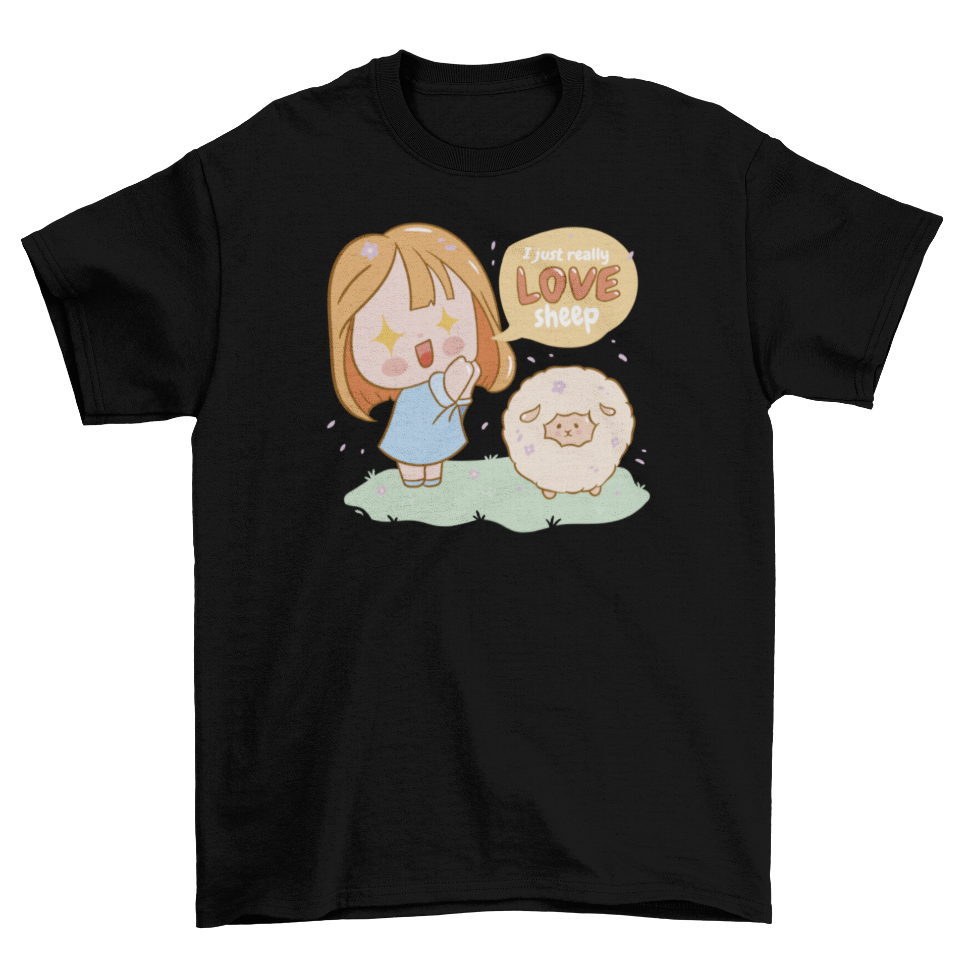 Cute sheep lover girl t-shirt featuring a girl and a sheep with the quote 'I just really love sheep'.