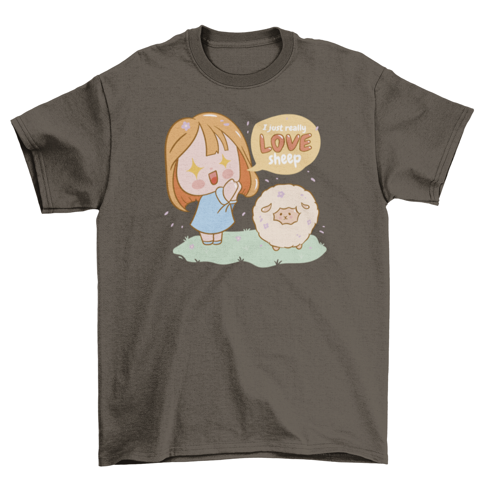 Cute sheep lover girl t-shirt featuring a girl and a sheep with the quote 'I just really love sheep'.