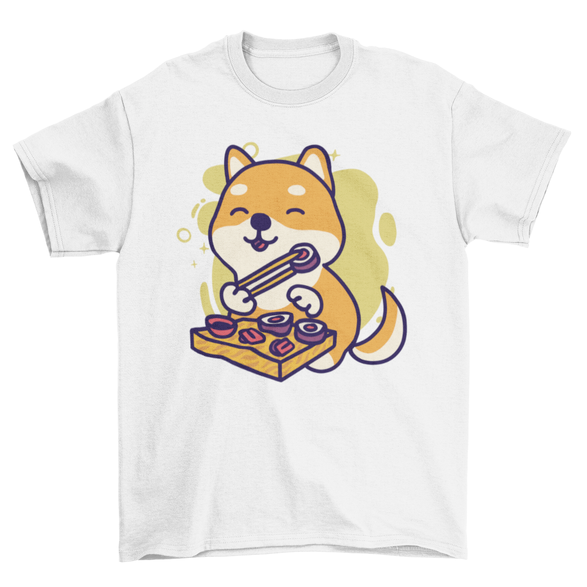 Cute shiba inu dog design on a t-shirt, eating sushi with chopsticks, showcasing a playful and whimsical style.