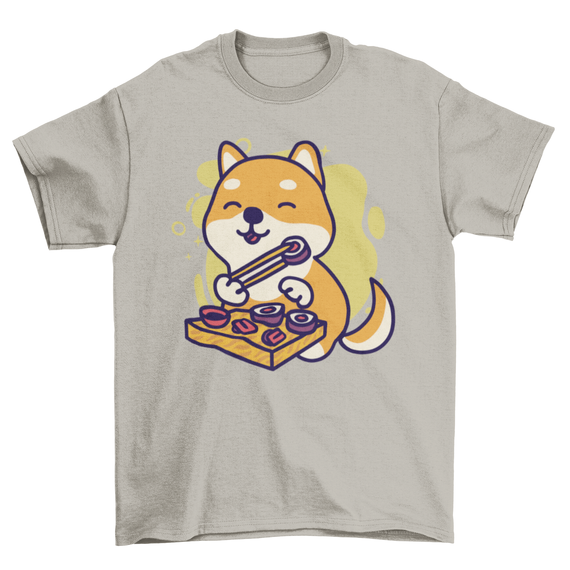 Cute shiba inu dog design on a t-shirt, eating sushi with chopsticks, showcasing a playful and whimsical style.