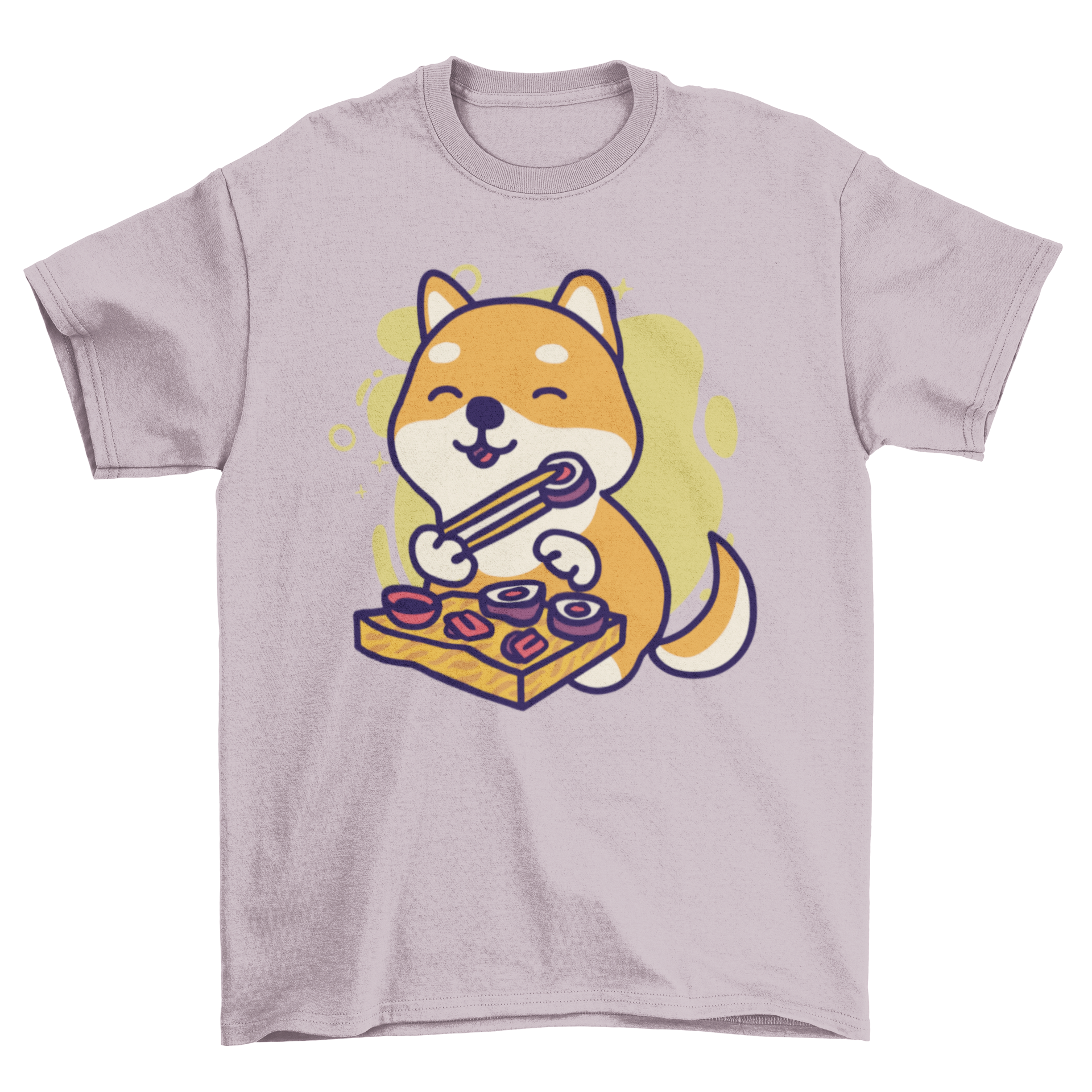 Cute shiba inu dog design on a t-shirt, eating sushi with chopsticks, showcasing a playful and whimsical style.