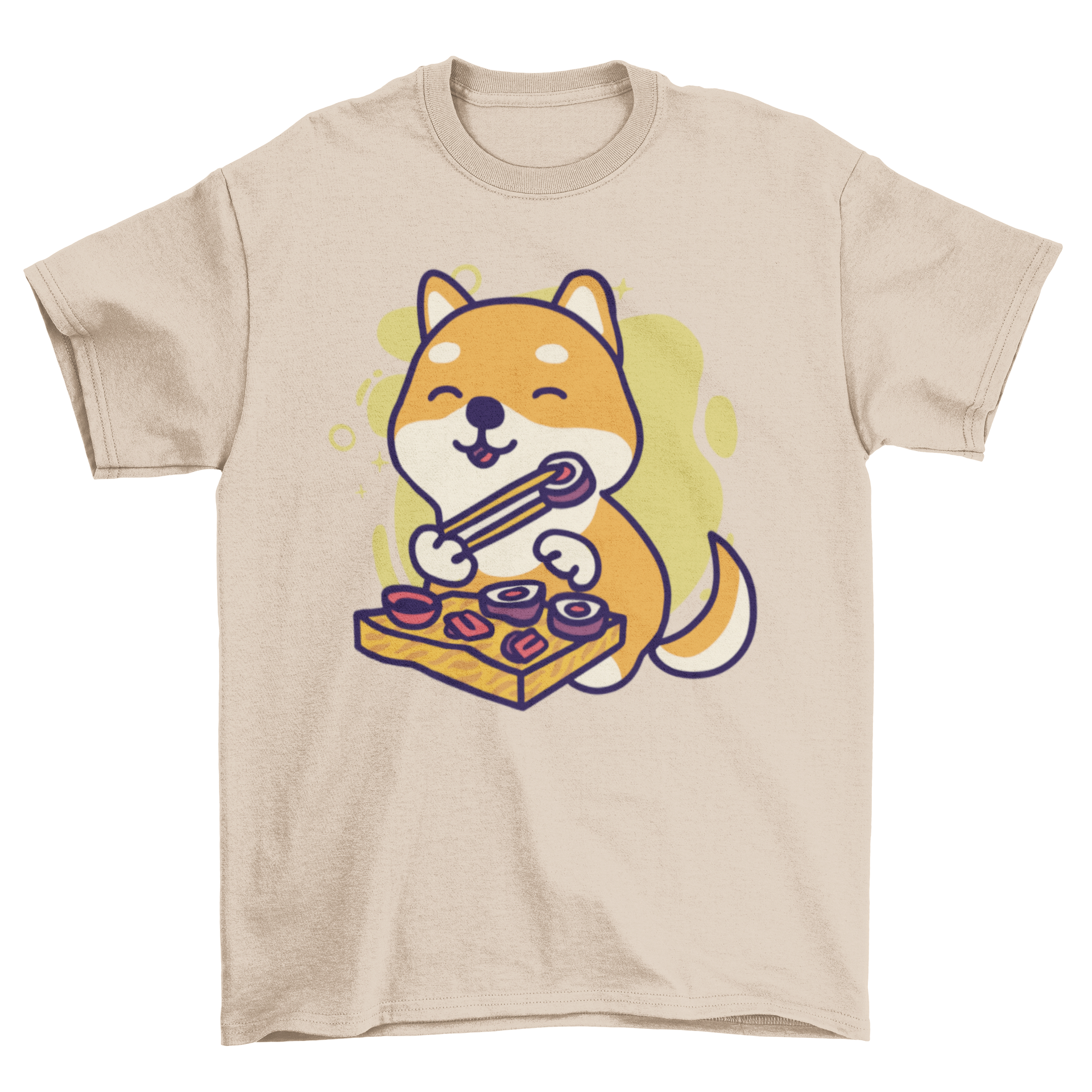 Cute shiba inu dog design on a t-shirt, eating sushi with chopsticks, showcasing a playful and whimsical style.