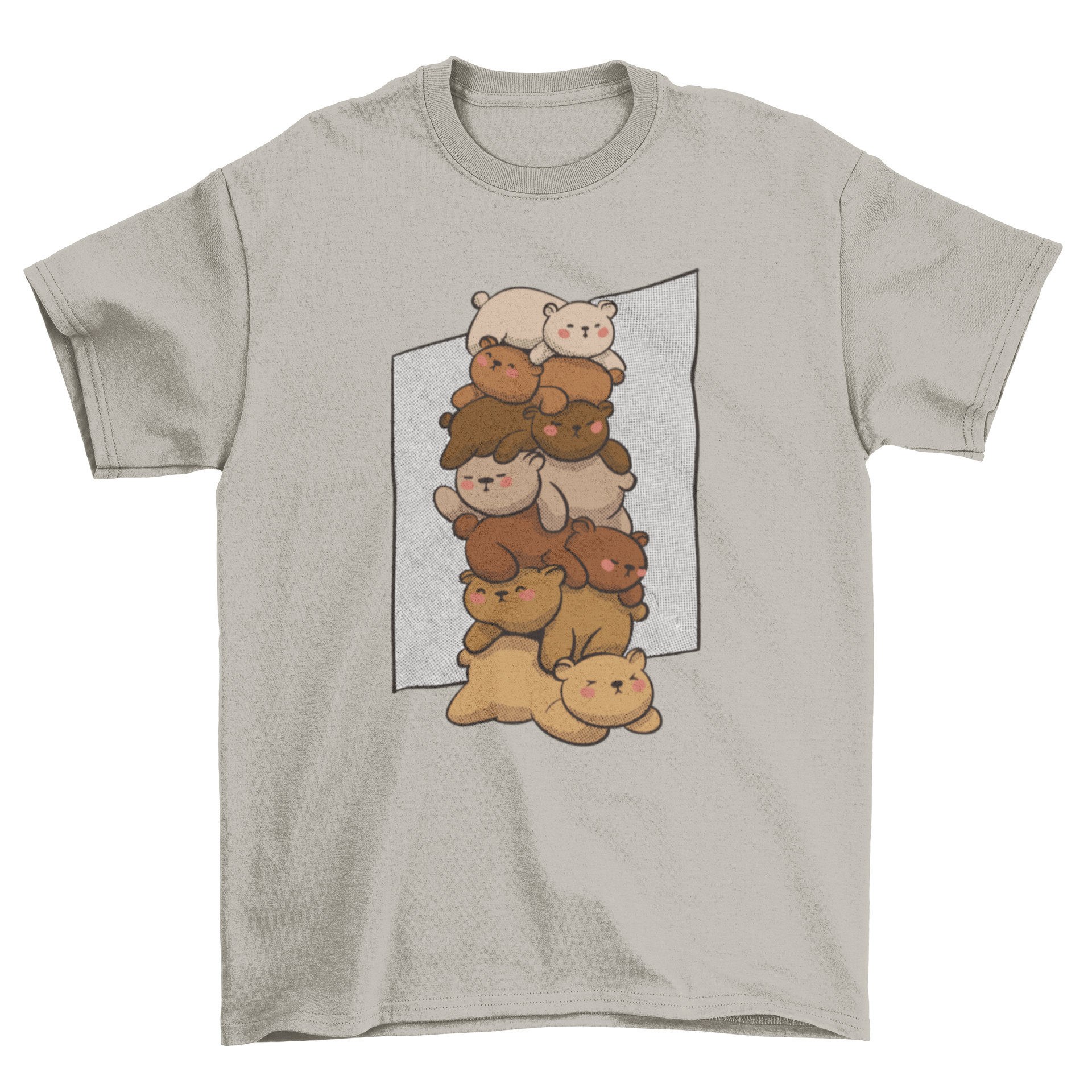 Cute sleeping bears t-shirt featuring a pile of adorable bears resting on top of each other, perfect for casual wear.