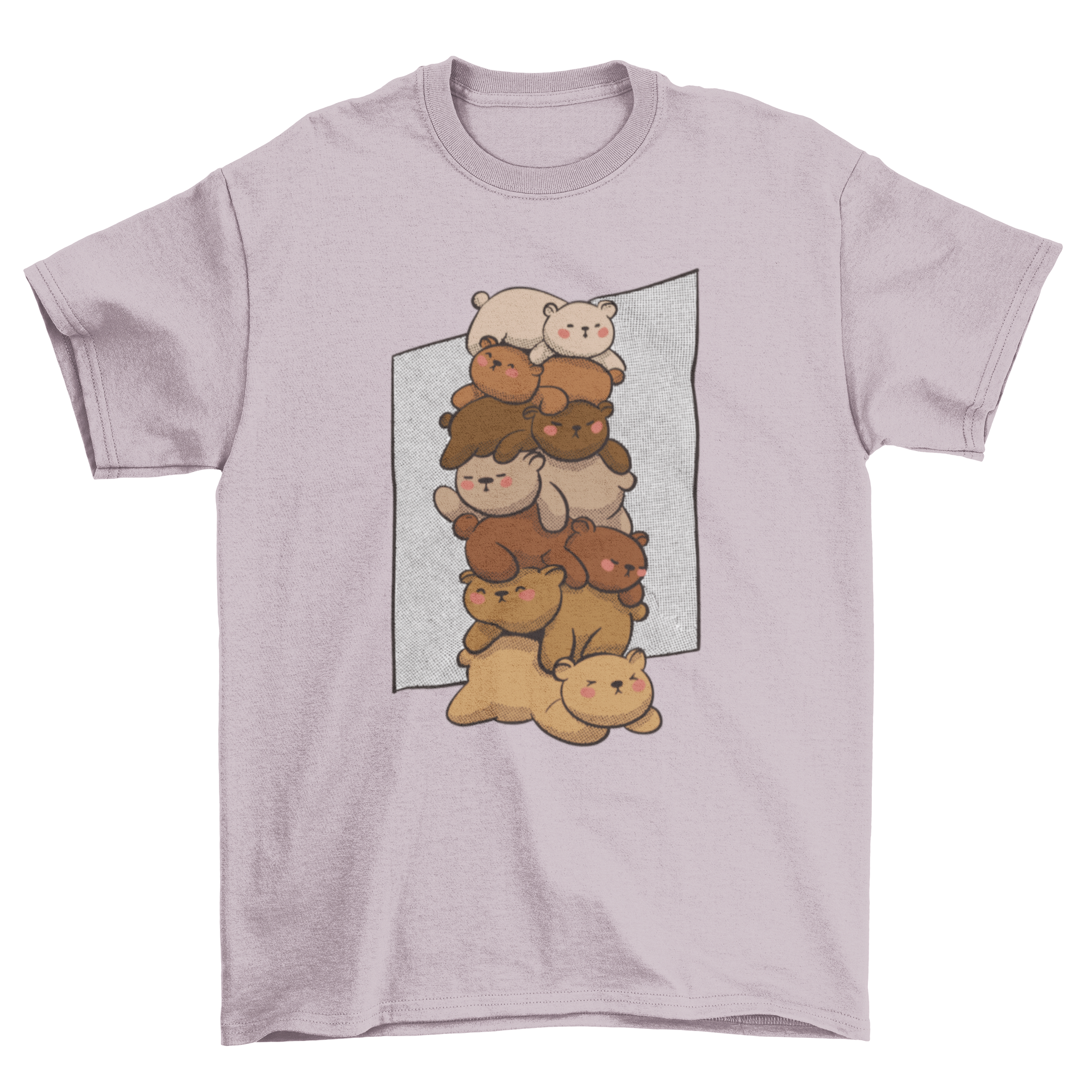 Cute sleeping bears t-shirt featuring a pile of adorable bears resting on top of each other, perfect for casual wear.