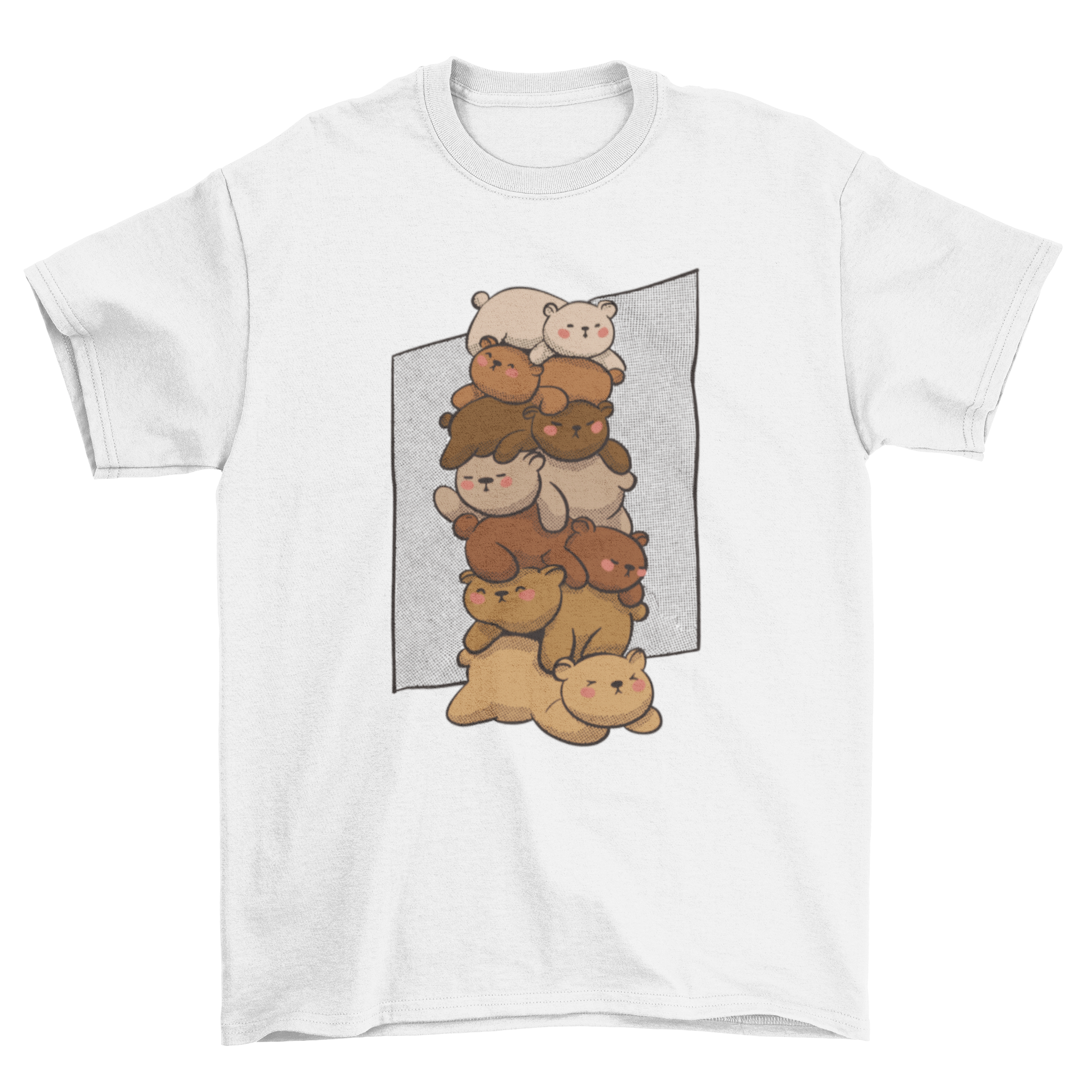 Cute sleeping bears t-shirt featuring a pile of adorable bears resting on top of each other, perfect for casual wear.