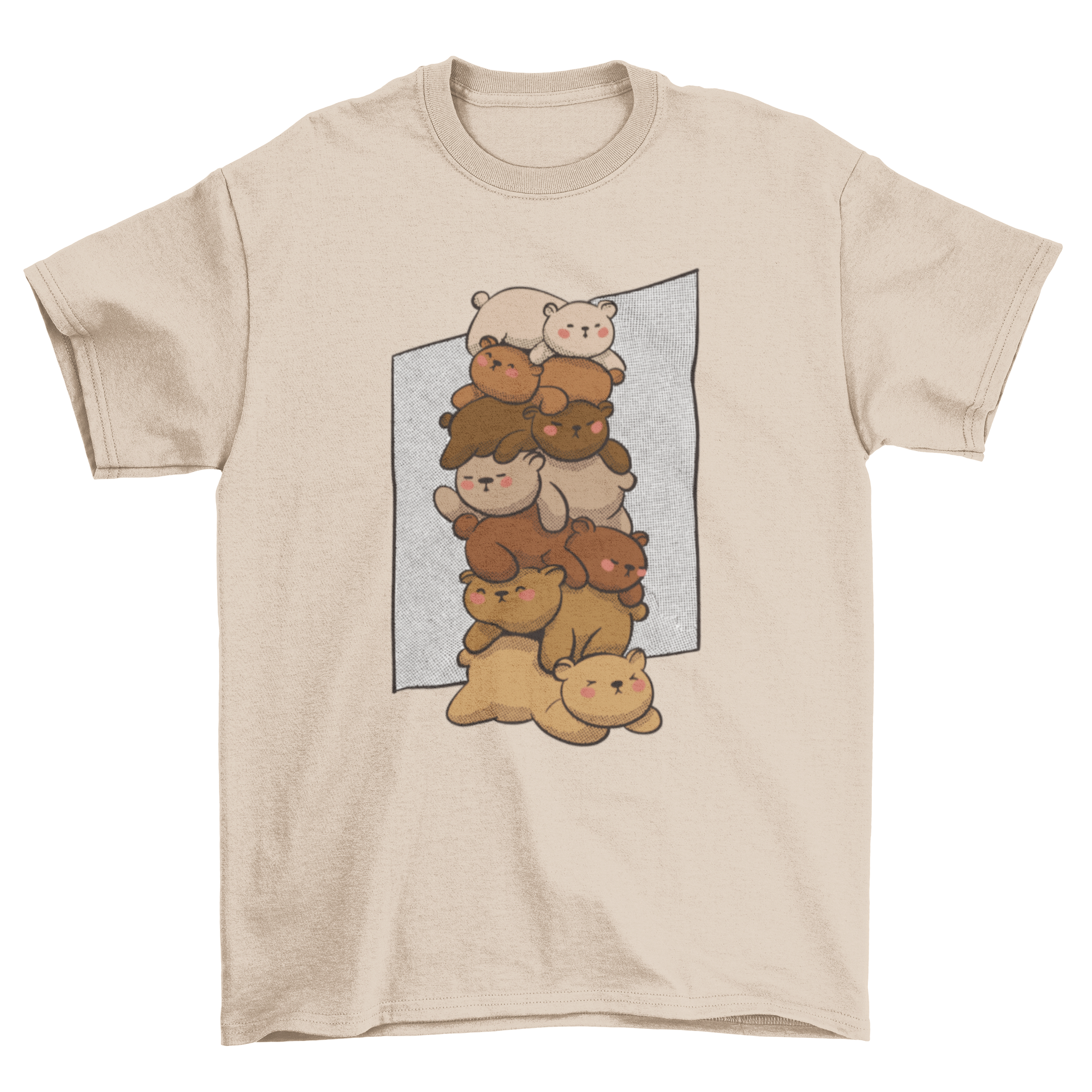 Cute sleeping bears t-shirt featuring a pile of adorable bears resting on top of each other, perfect for casual wear.