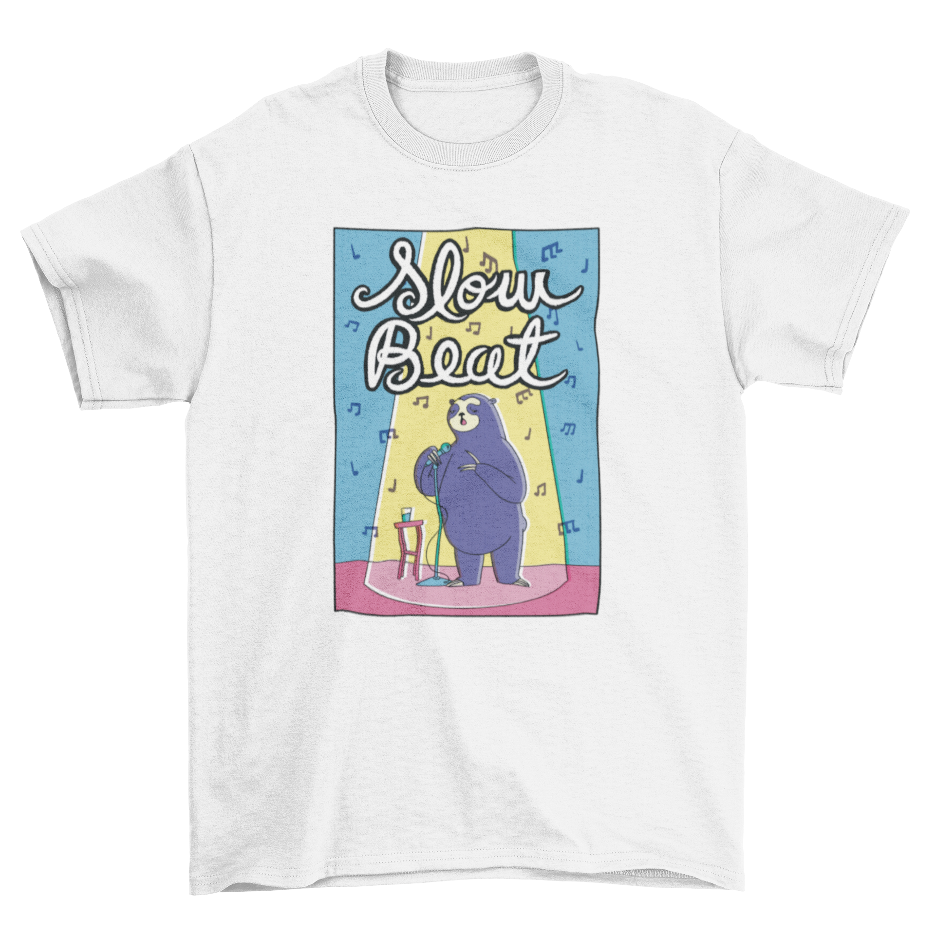 Cute cartoon t-shirt design featuring a sloth singing on stage with the quote 'Slow Beat'.