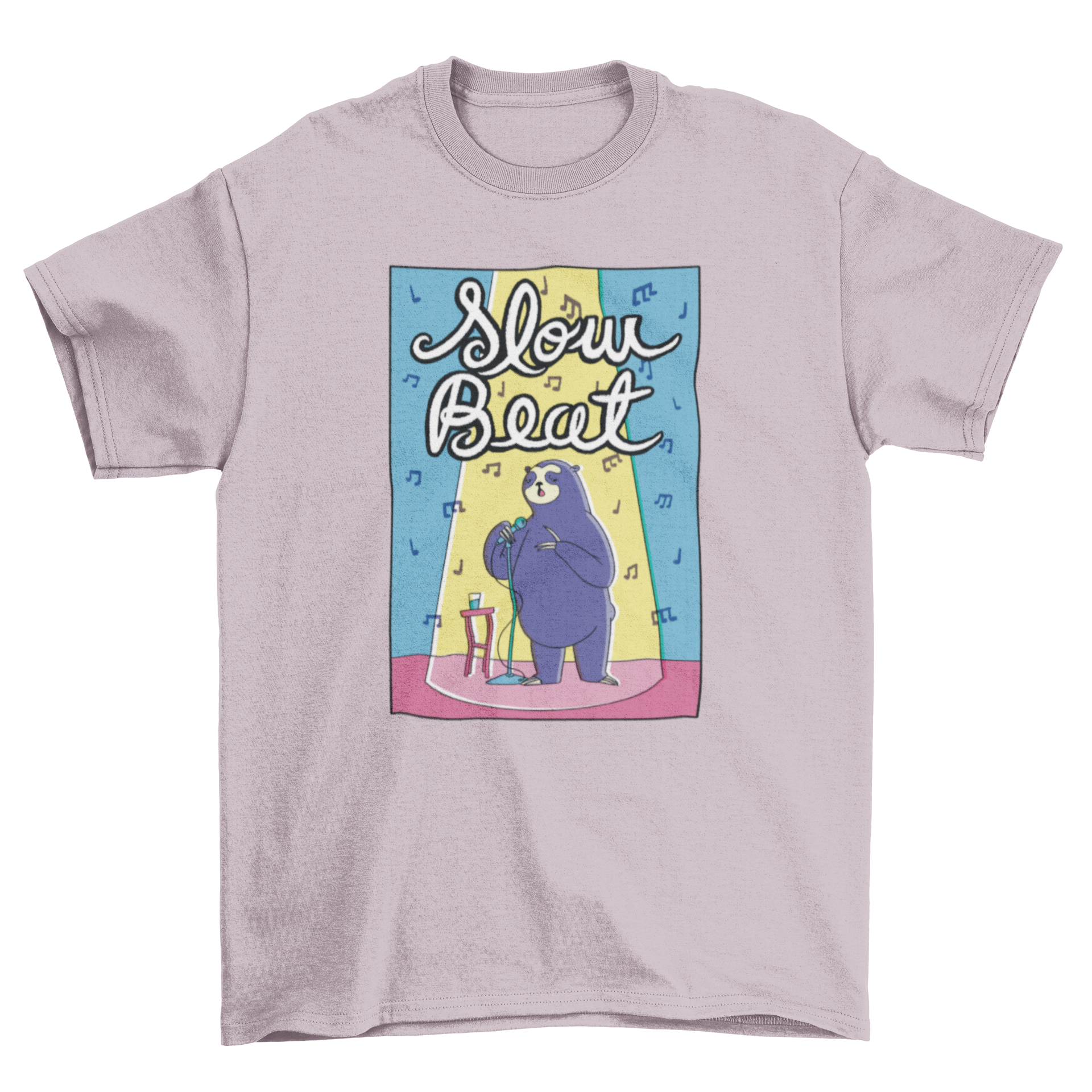 Cute cartoon t-shirt design featuring a sloth singing on stage with the quote 'Slow Beat'.