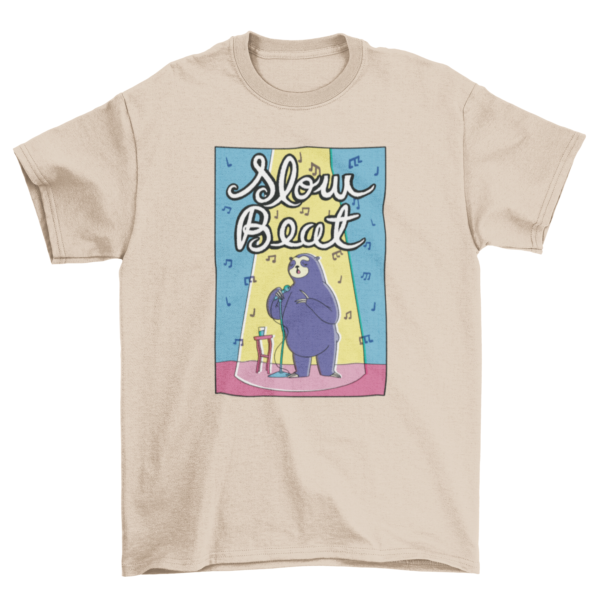 Cute cartoon t-shirt design featuring a sloth singing on stage with the quote 'Slow Beat'.