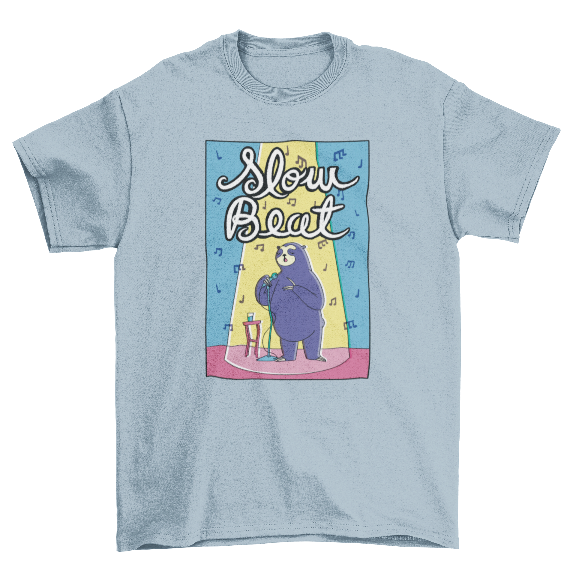 Cute cartoon t-shirt design featuring a sloth singing on stage with the quote 'Slow Beat'.