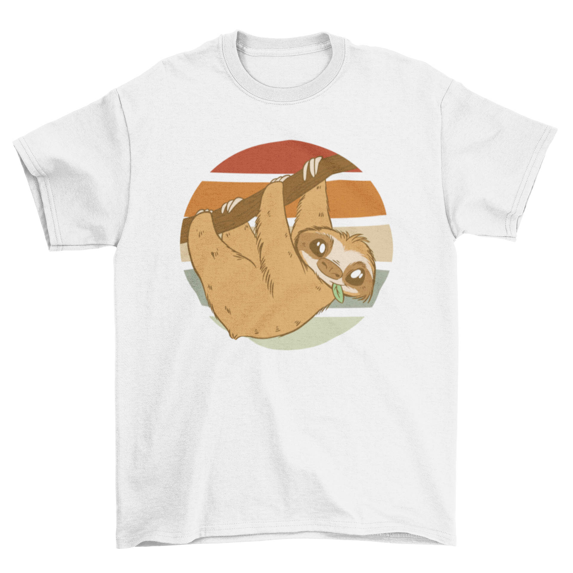 Cute sloth hanging on a branch with a vibrant retro sunset background on a t-shirt.