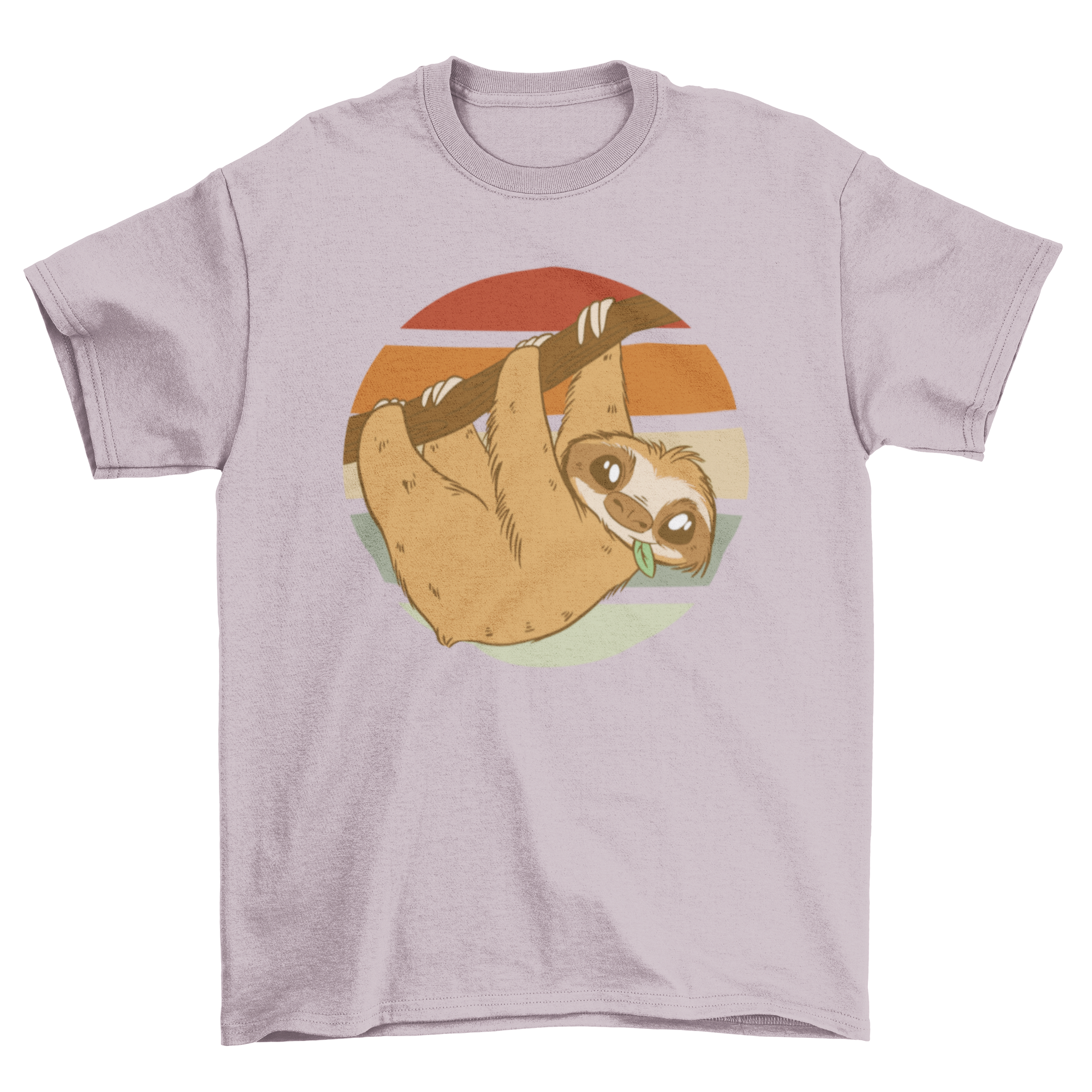 Cute sloth hanging on a branch with a vibrant retro sunset background on a t-shirt.