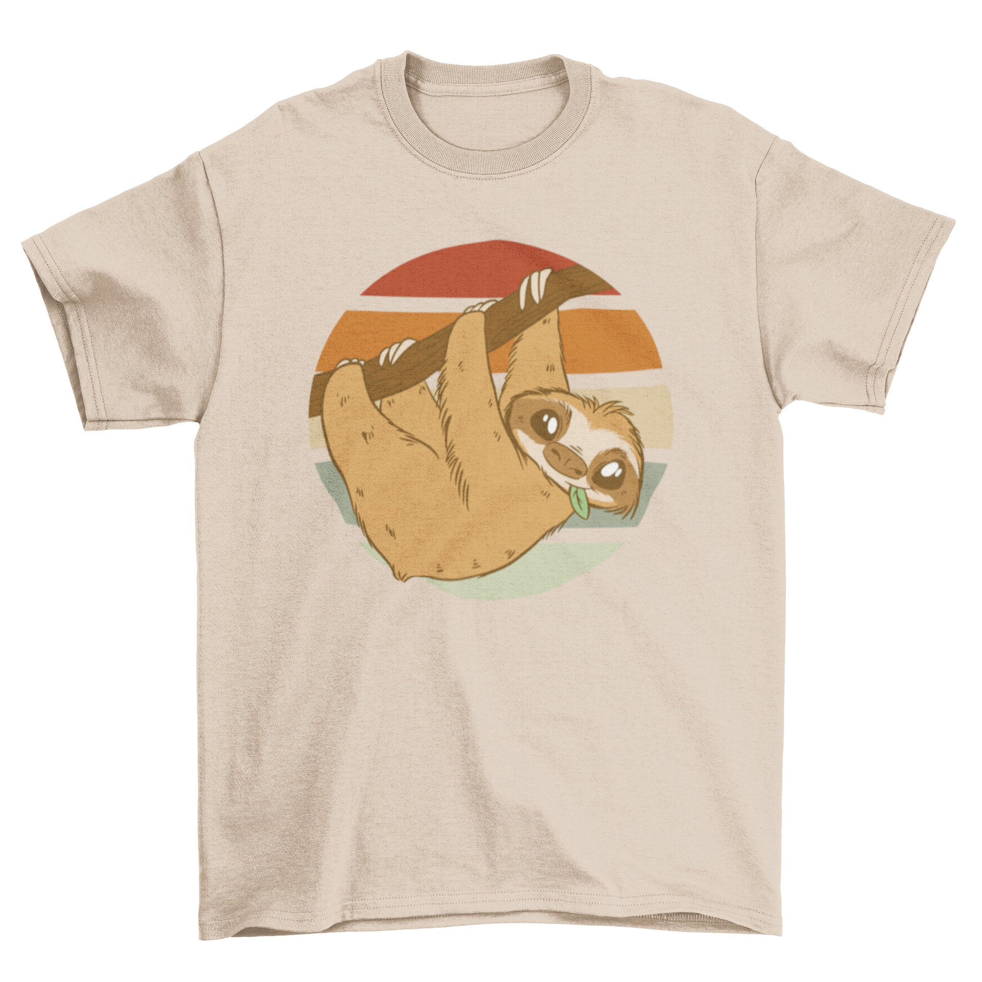 Cute sloth hanging on a branch with a vibrant retro sunset background on a t-shirt.