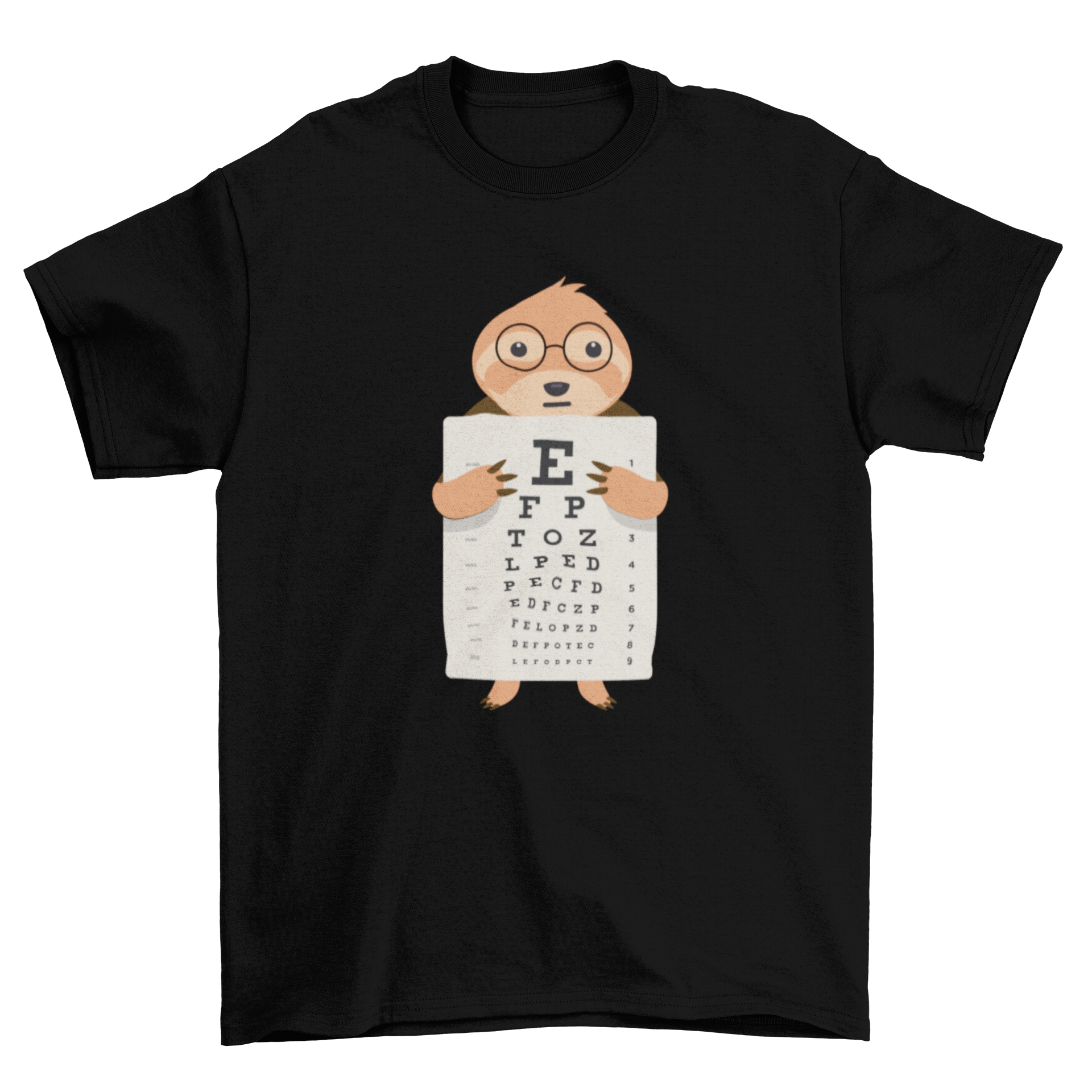 Cute sloth graphic t-shirt featuring a sloth holding an eyechart design, perfect for animal lovers.