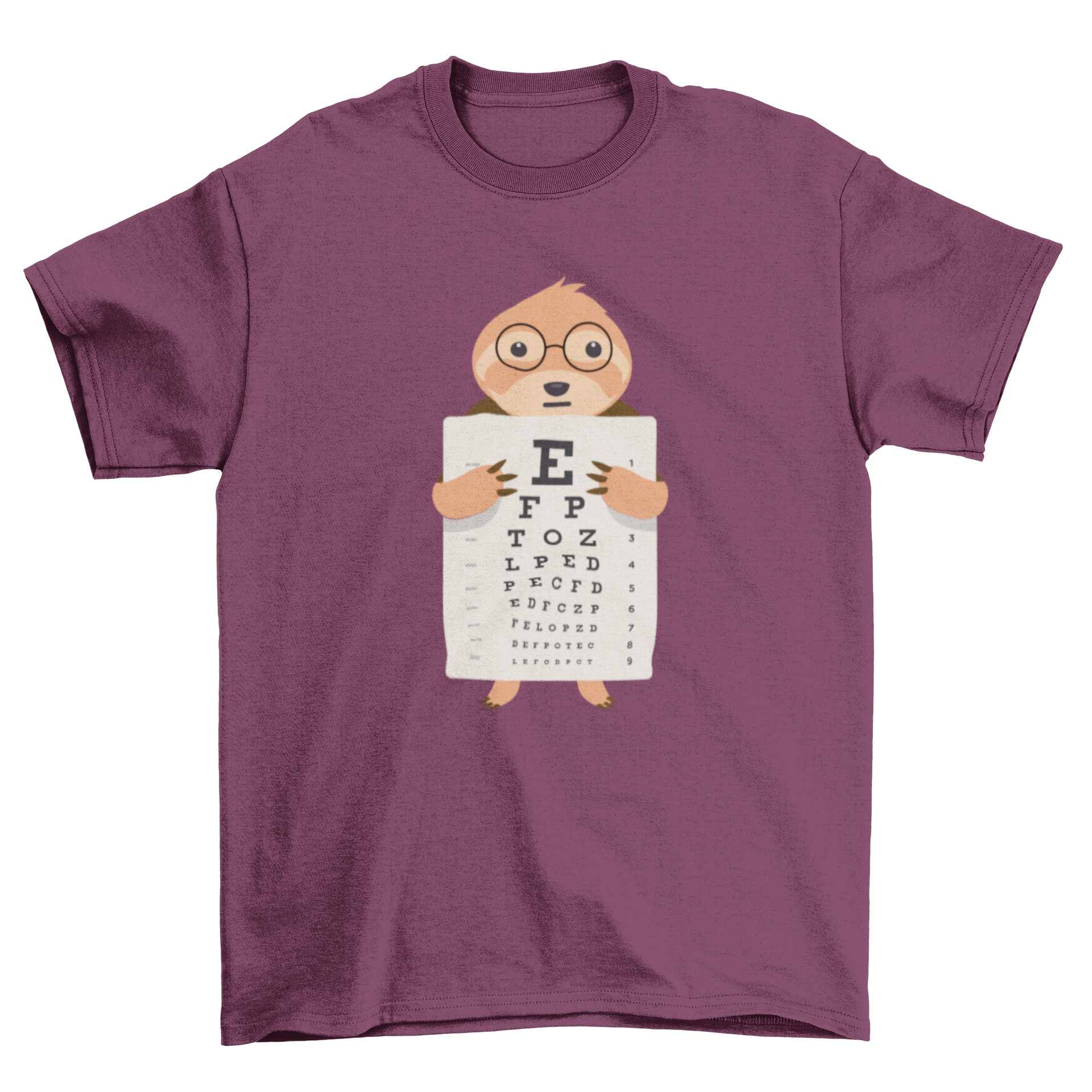 Cute sloth graphic t-shirt featuring a sloth holding an eyechart design, perfect for animal lovers.