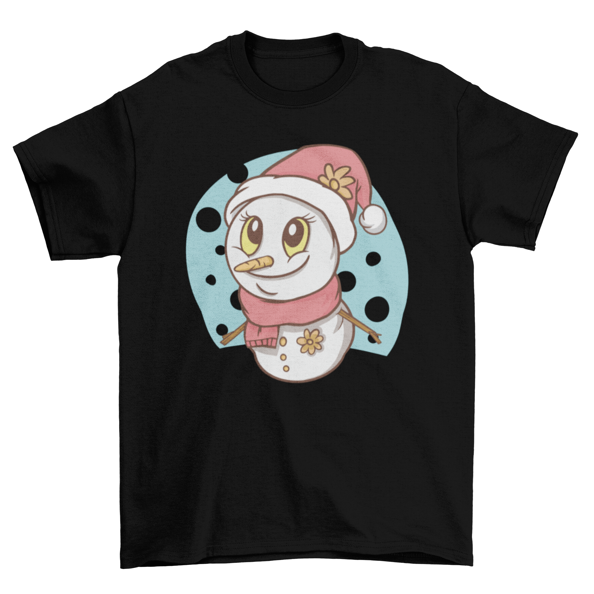 Cute snowman t-shirt featuring a snowman with a scarf and Santa hat, perfect for winter festivities.