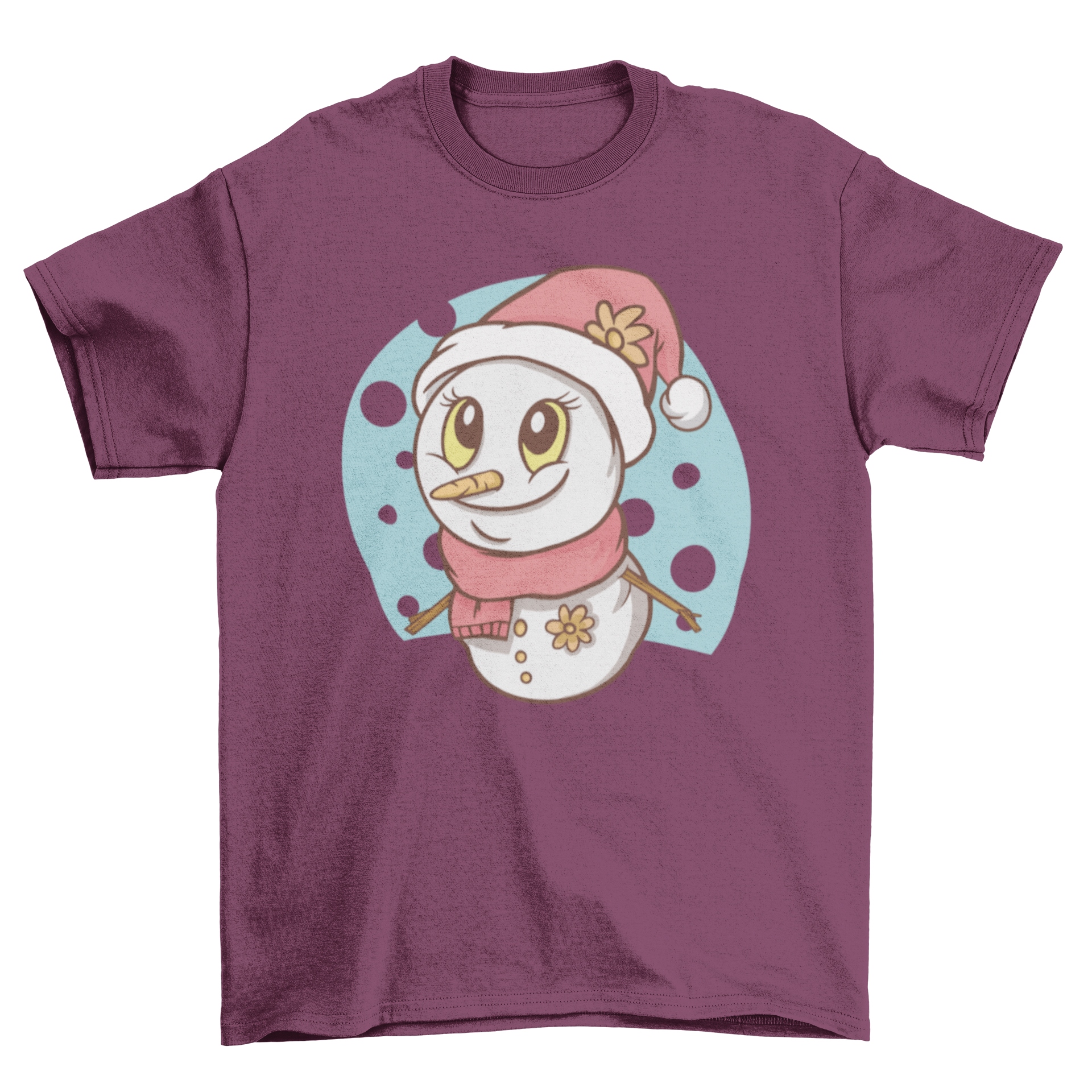 Cute snowman t-shirt featuring a snowman with a scarf and Santa hat, perfect for winter festivities.