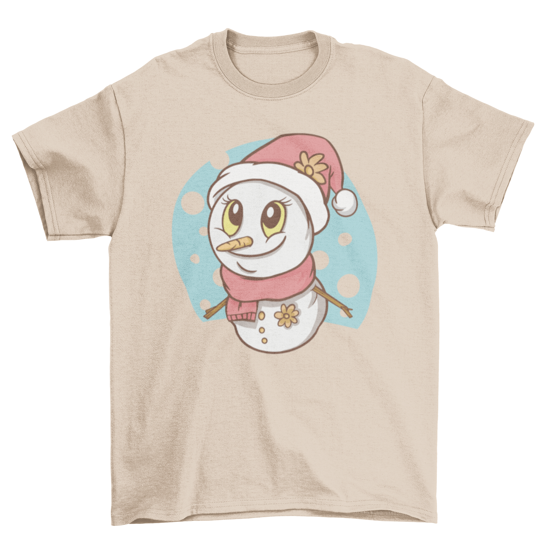 Cute snowman t-shirt featuring a snowman with a scarf and Santa hat, perfect for winter festivities.