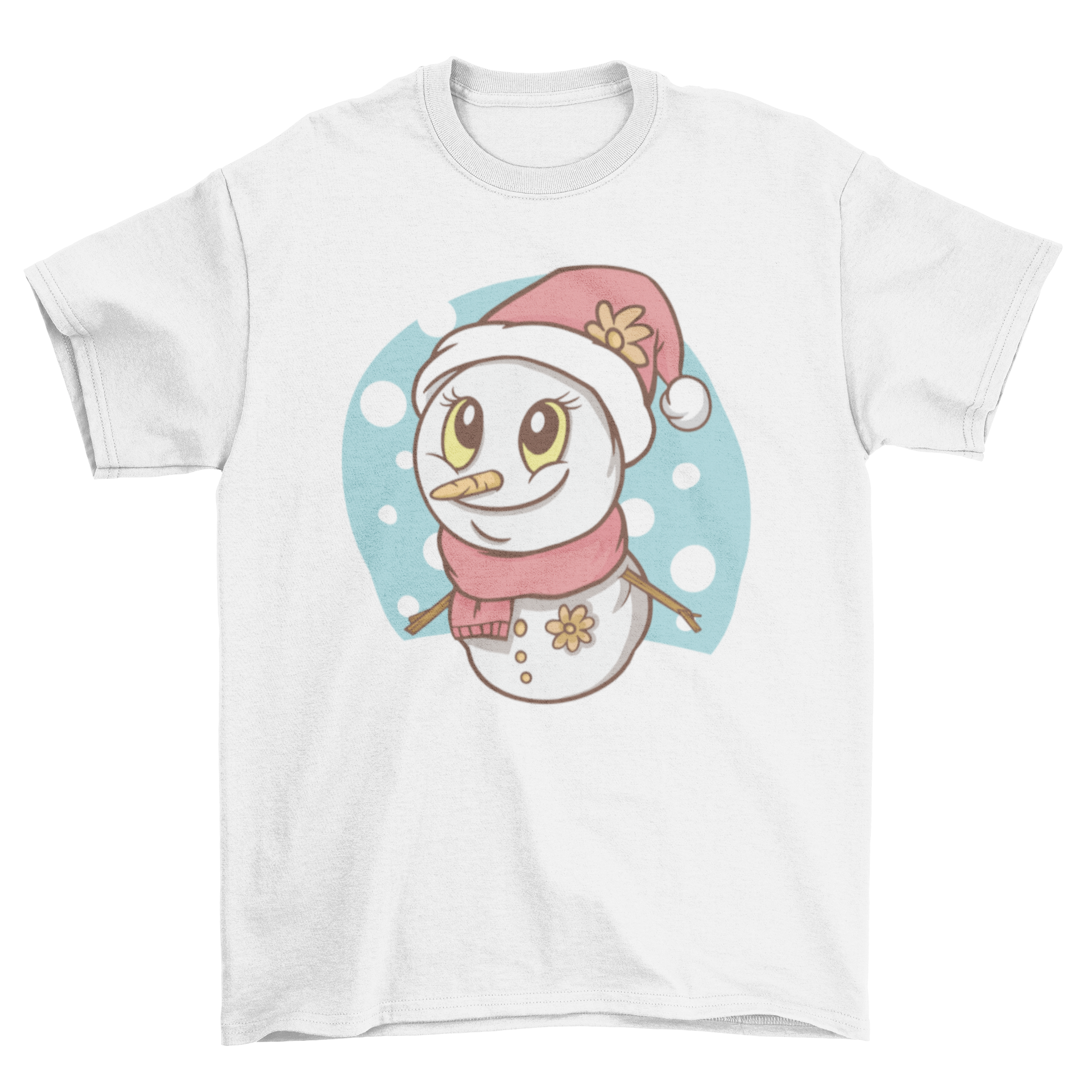 Cute snowman t-shirt featuring a snowman with a scarf and Santa hat, perfect for winter festivities.