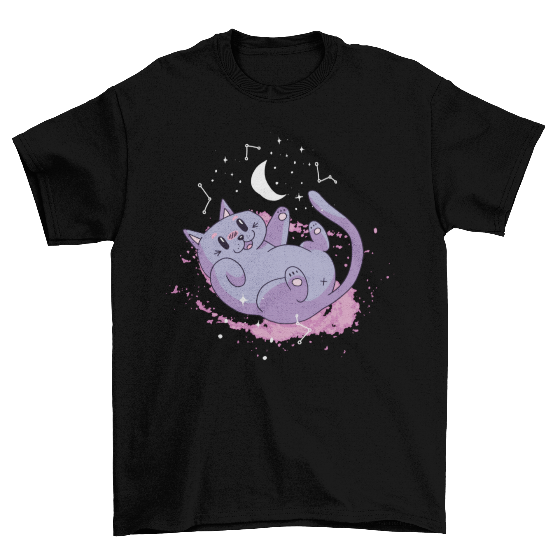 Cute t-shirt featuring a whimsical purple cat illustration in space with stars and planets.