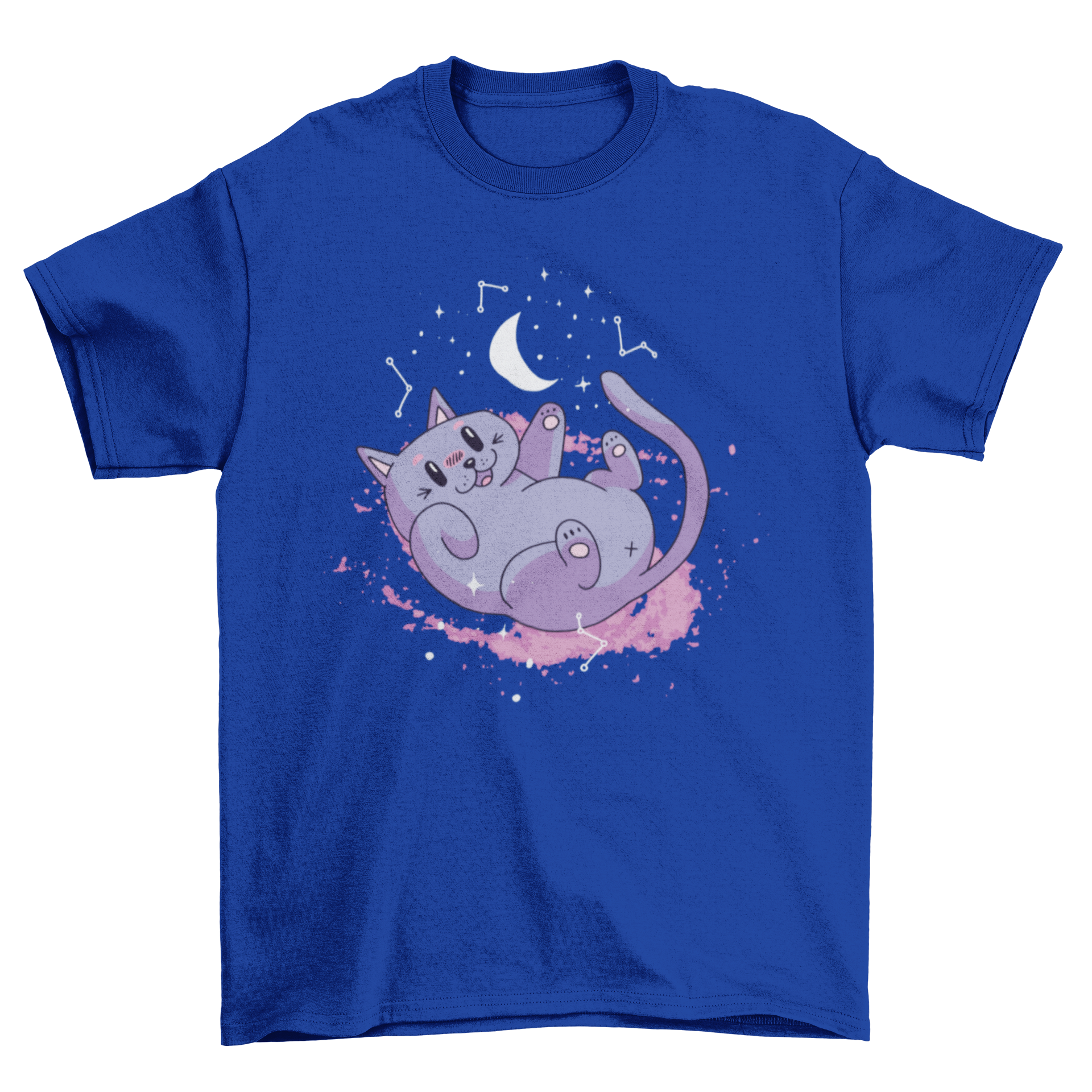 Cute t-shirt featuring a whimsical purple cat illustration in space with stars and planets.