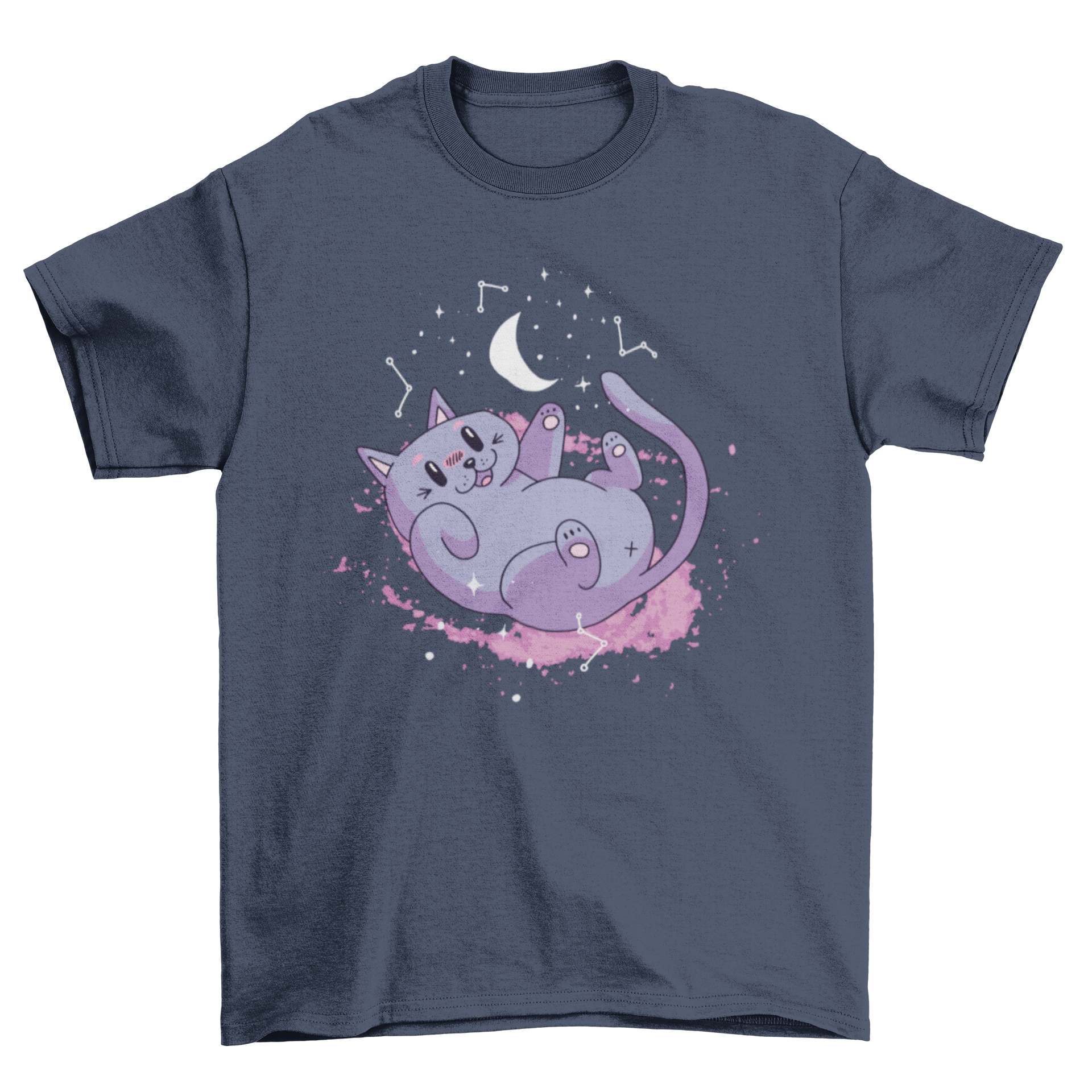 Cute t-shirt featuring a whimsical purple cat illustration in space with stars and planets.