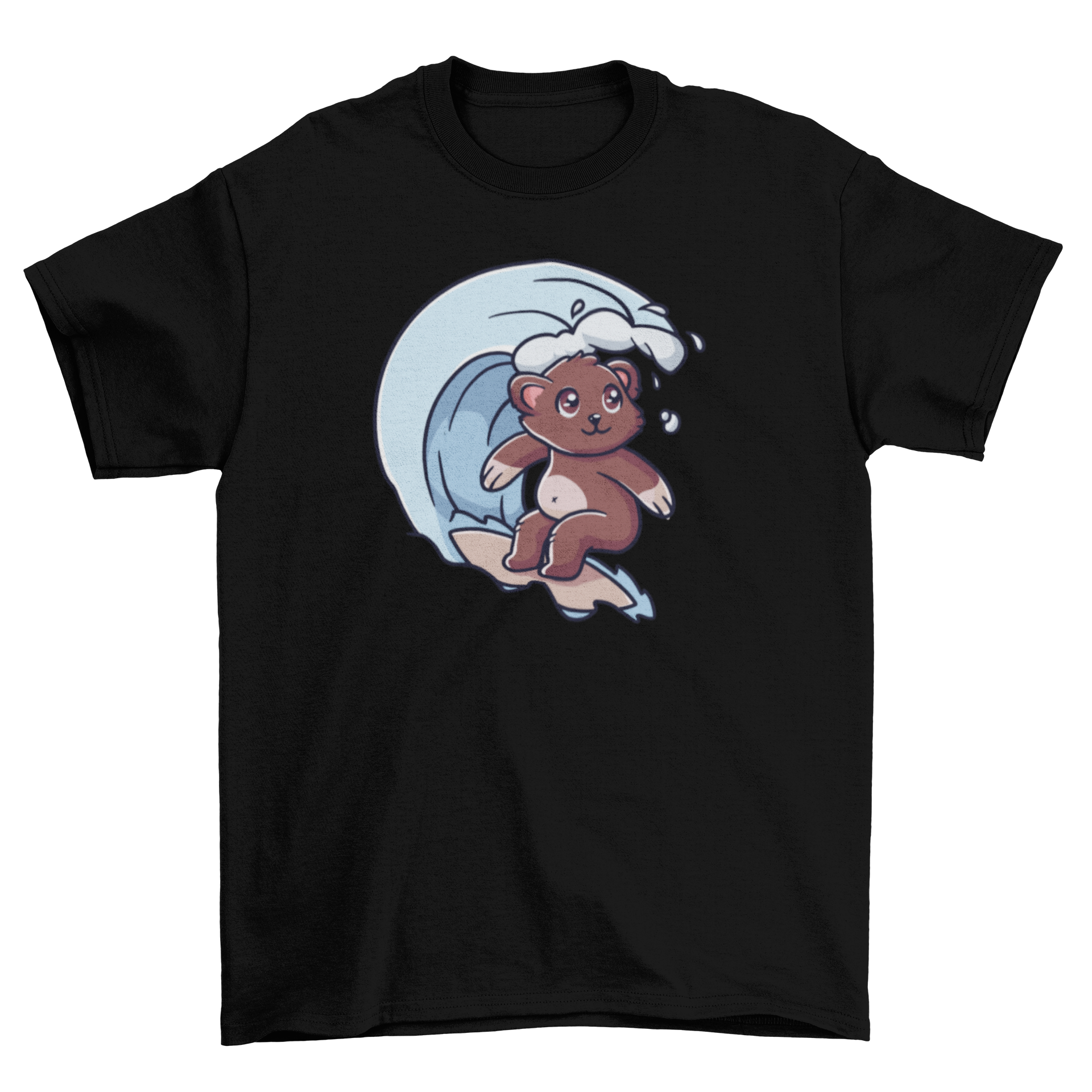 A cute t-shirt featuring a bear surfing on a colorful wave, perfect for beach lovers.