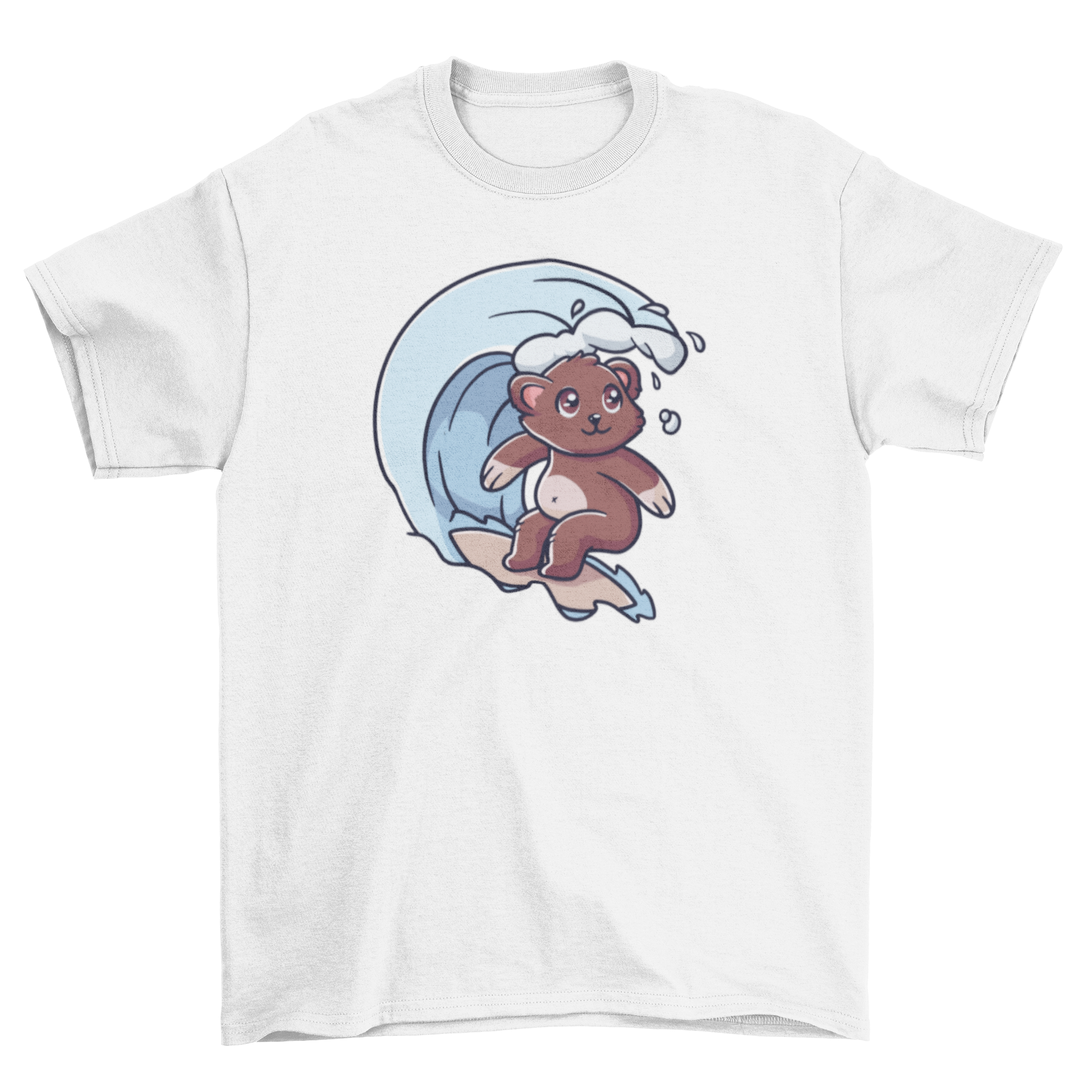 A cute t-shirt featuring a bear surfing on a colorful wave, perfect for beach lovers.