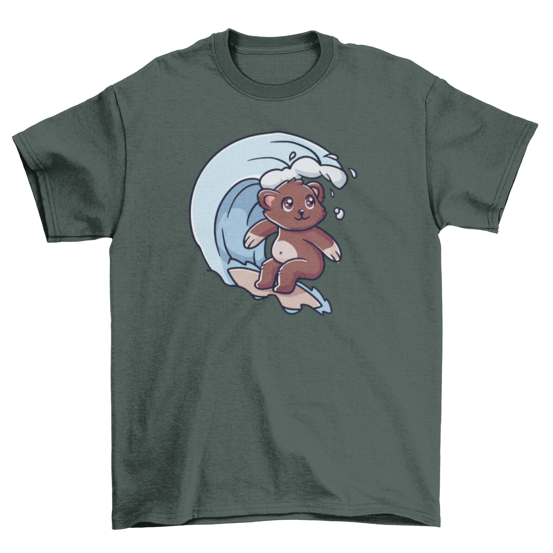 A cute t-shirt featuring a bear surfing on a colorful wave, perfect for beach lovers.