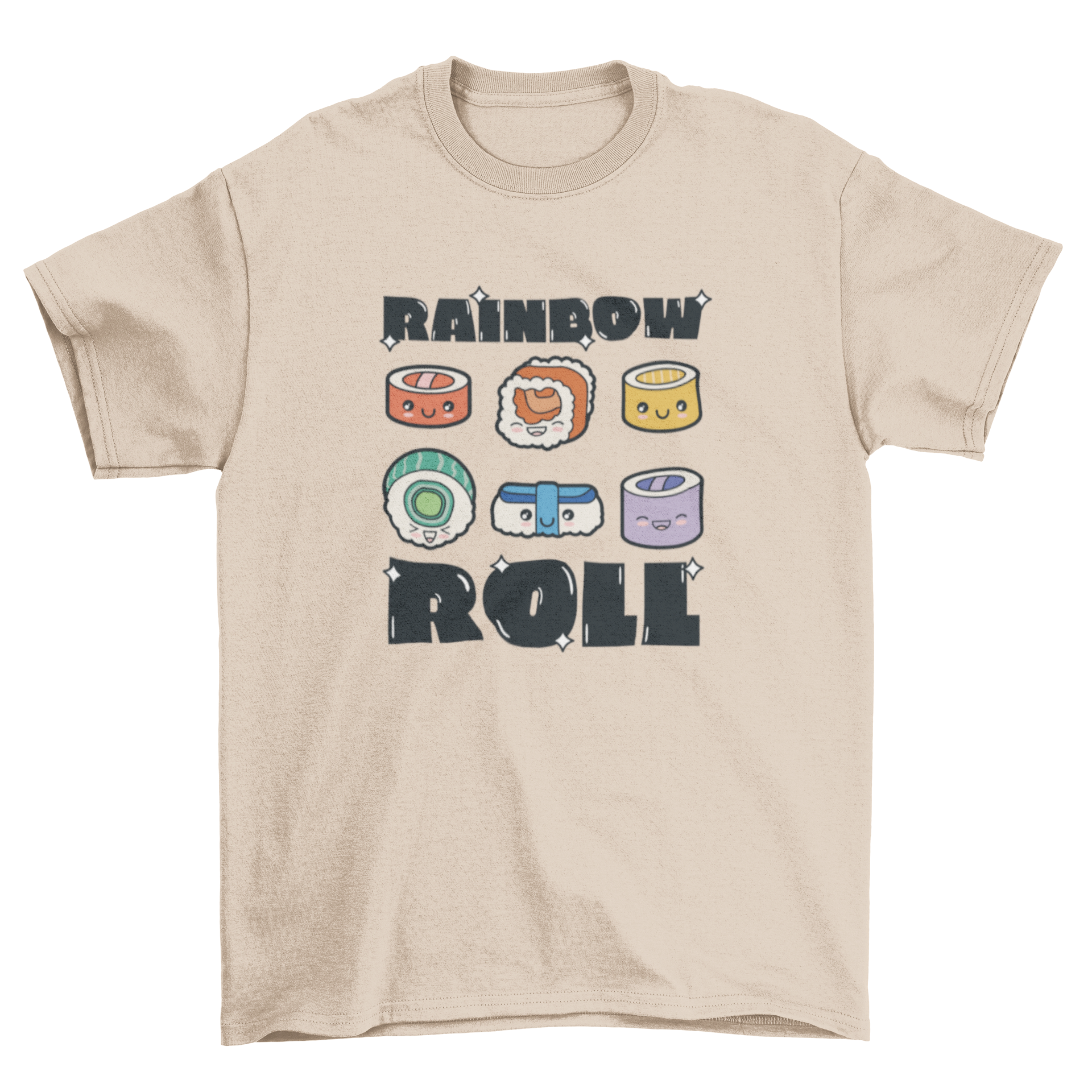 Cute t-shirt featuring colorful sushi rolls and the quote 'Rainbow roll', perfect for sushi lovers.