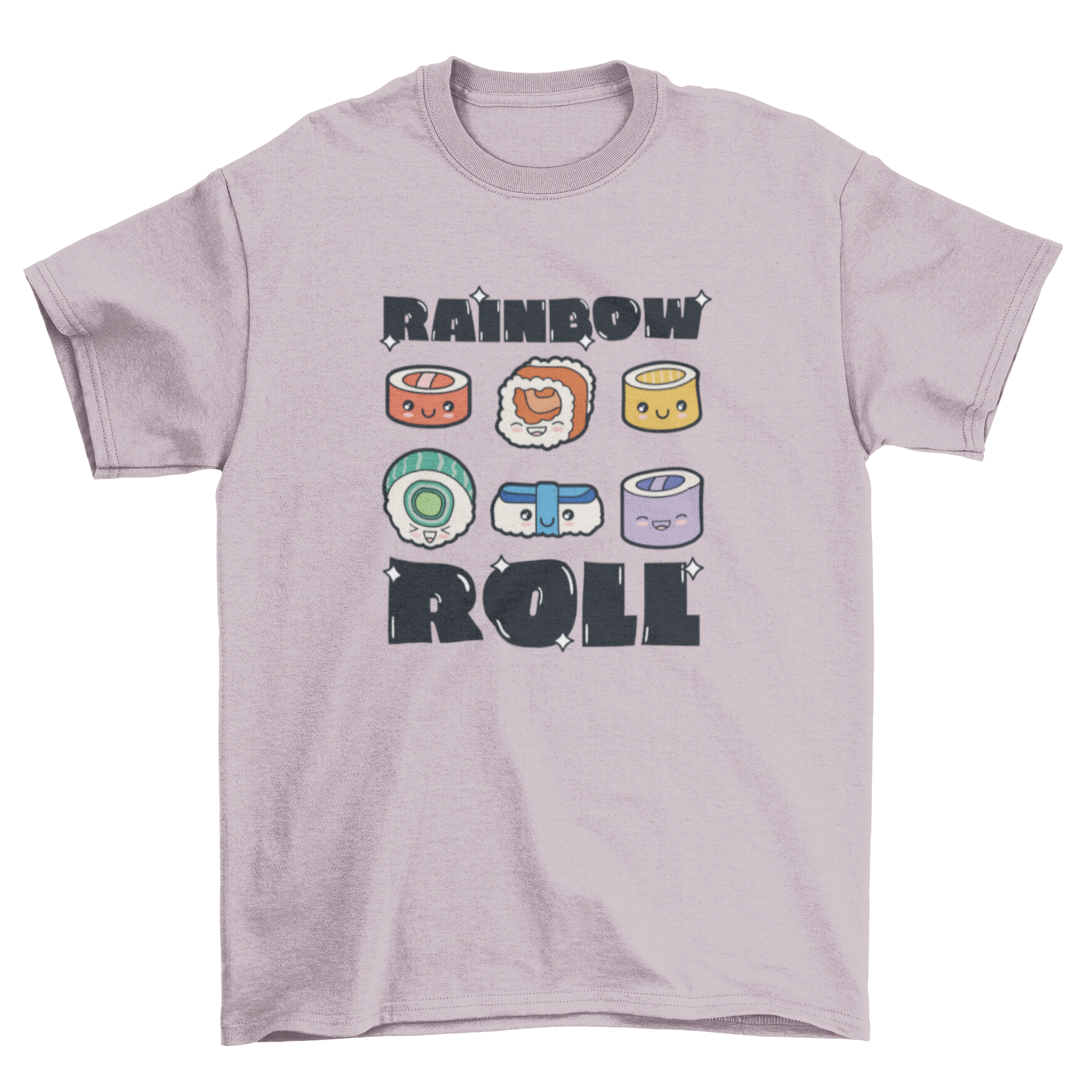 Cute t-shirt featuring colorful sushi rolls and the quote 'Rainbow roll', perfect for sushi lovers.