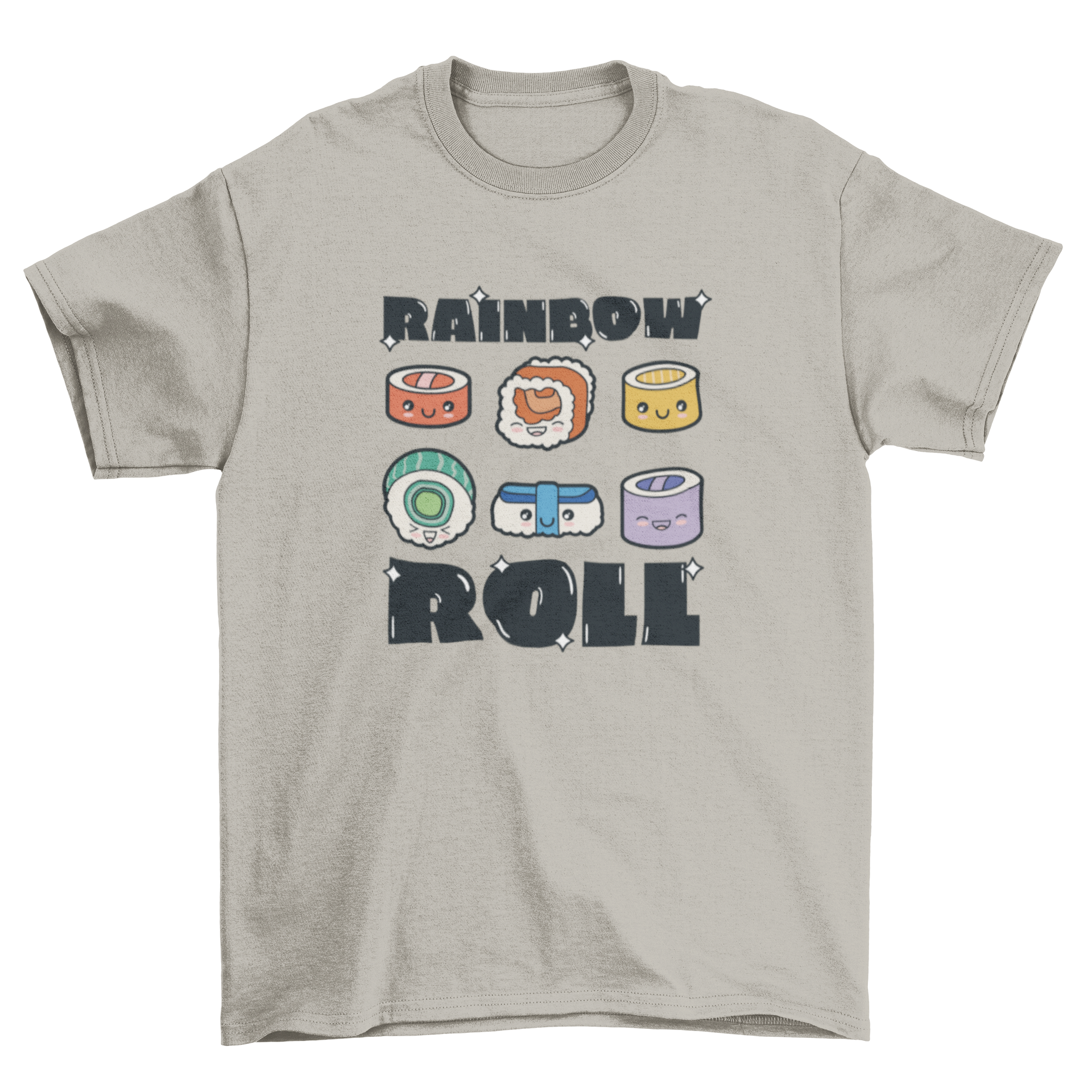 Cute t-shirt featuring colorful sushi rolls and the quote 'Rainbow roll', perfect for sushi lovers.