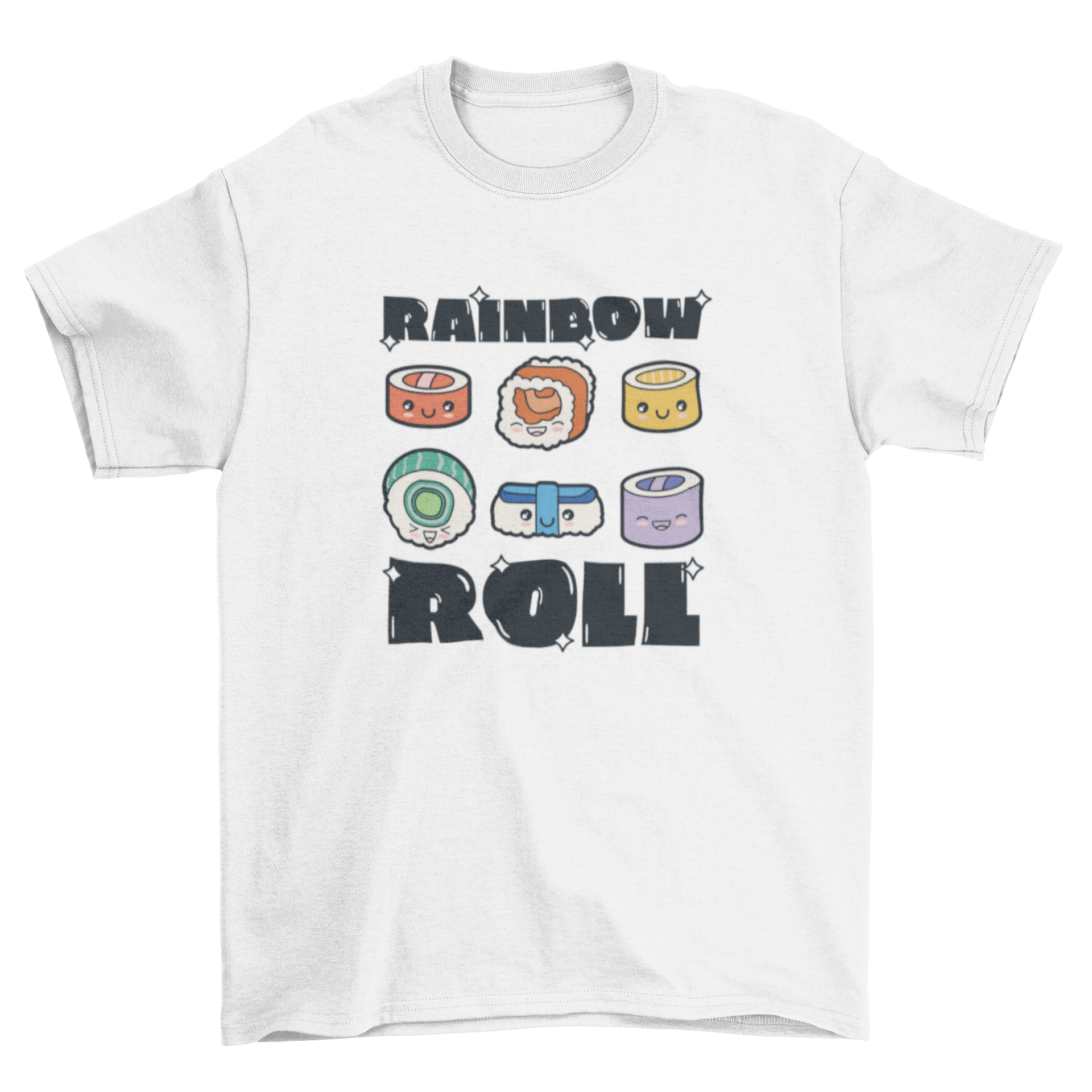 Cute t-shirt featuring colorful sushi rolls and the quote 'Rainbow roll', perfect for sushi lovers.