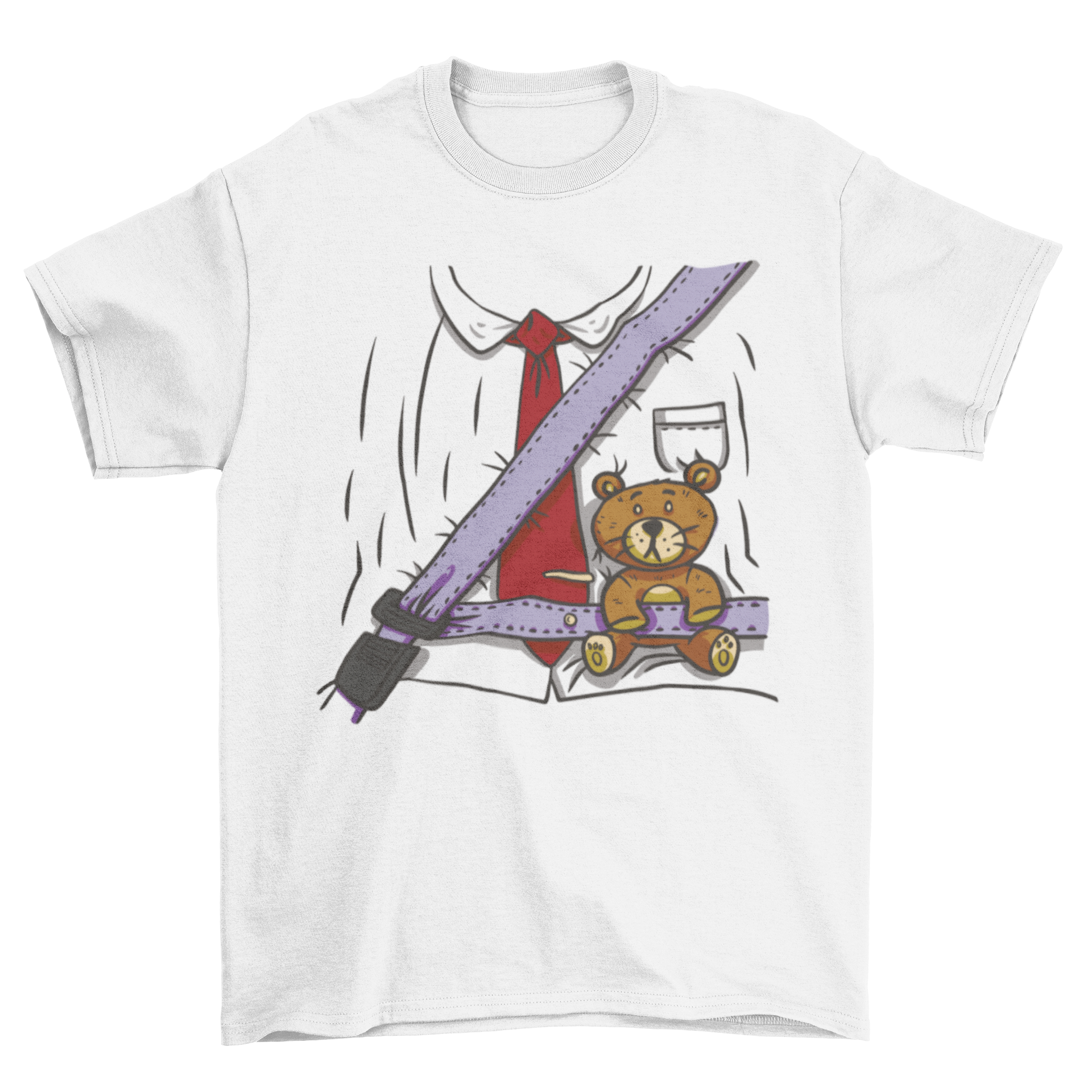 Cute traffic costume t-shirt featuring a man's torso with a seatbelt holding a teddy bear, showcasing a playful and unique design.