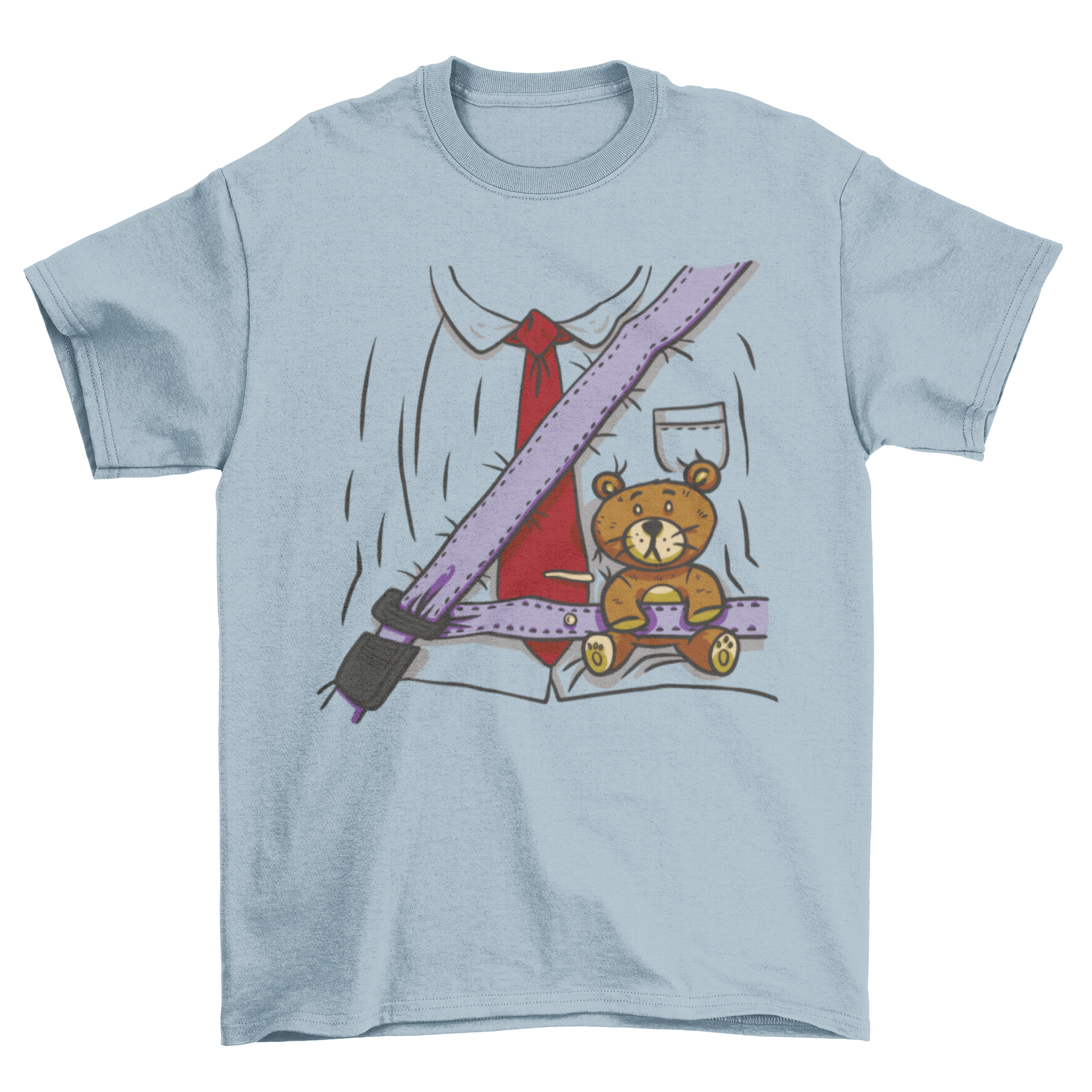 Cute traffic costume t-shirt featuring a man's torso with a seatbelt holding a teddy bear, showcasing a playful and unique design.