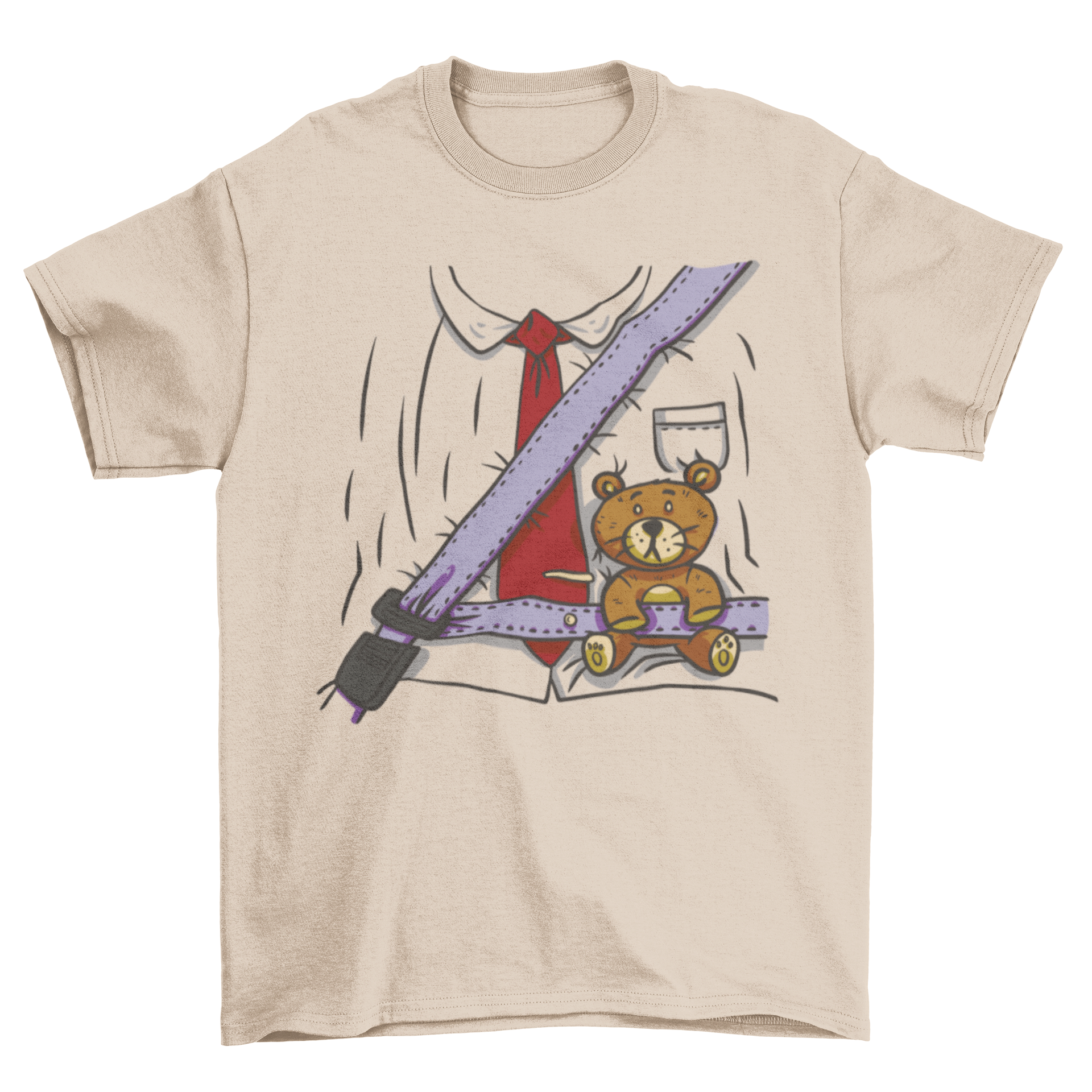 Cute traffic costume t-shirt featuring a man's torso with a seatbelt holding a teddy bear, showcasing a playful and unique design.