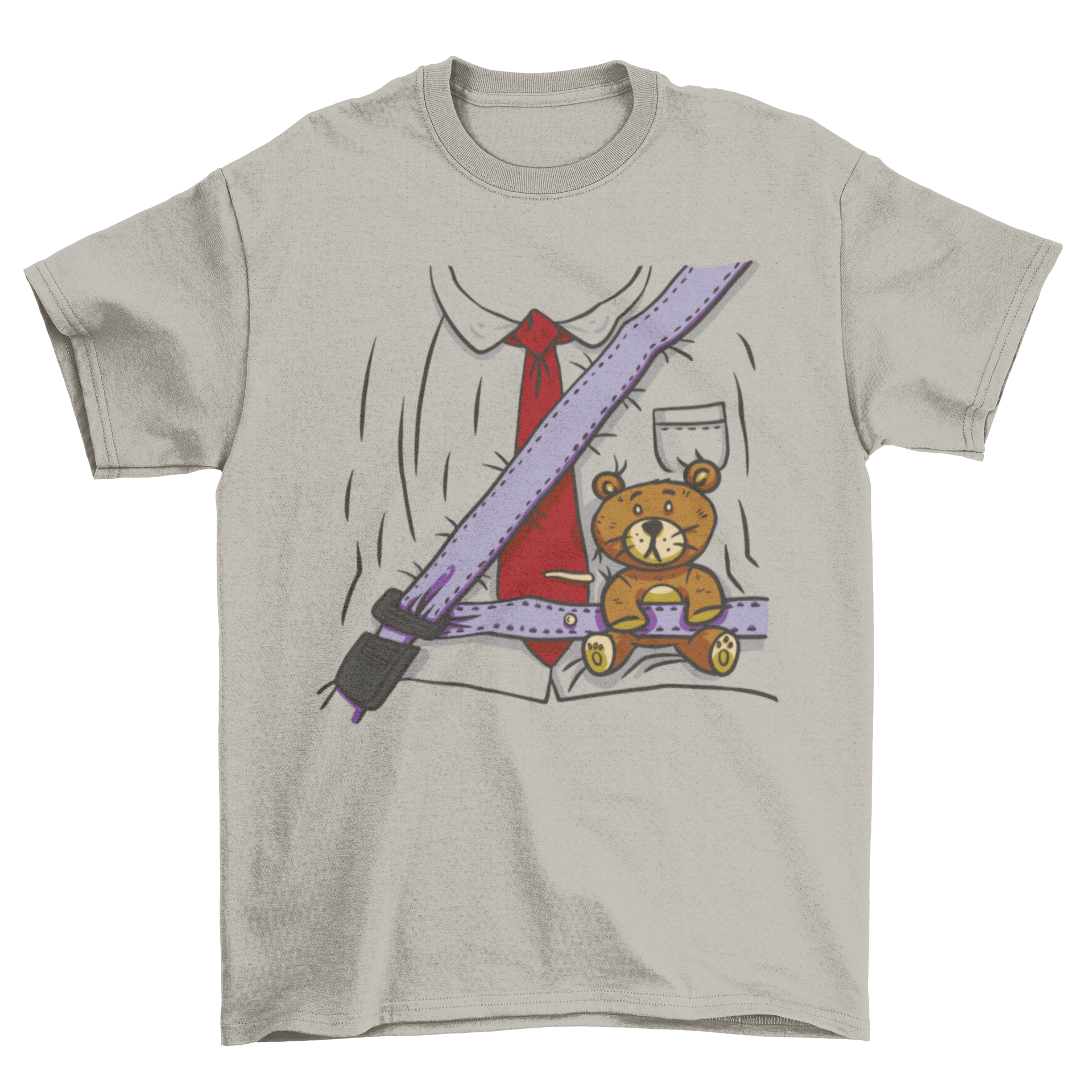 Cute traffic costume t-shirt featuring a man's torso with a seatbelt holding a teddy bear, showcasing a playful and unique design.