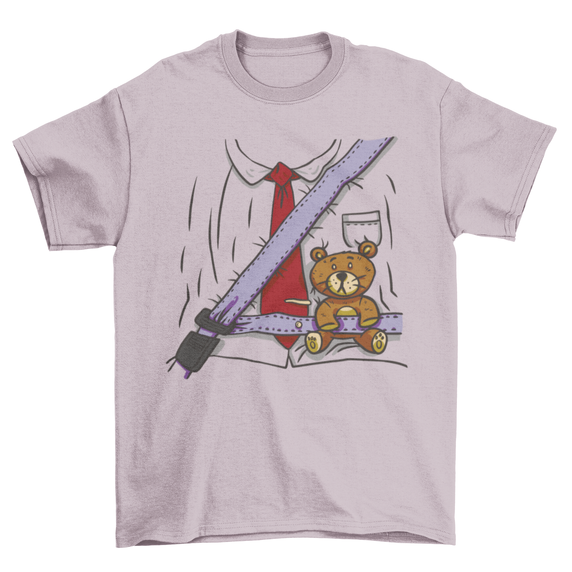 Cute traffic costume t-shirt featuring a man's torso with a seatbelt holding a teddy bear, showcasing a playful and unique design.