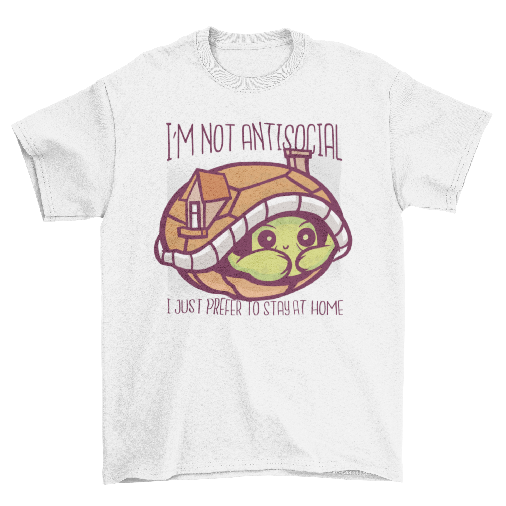 Cute turtle illustration on a t-shirt with a humorous quote about introversion.