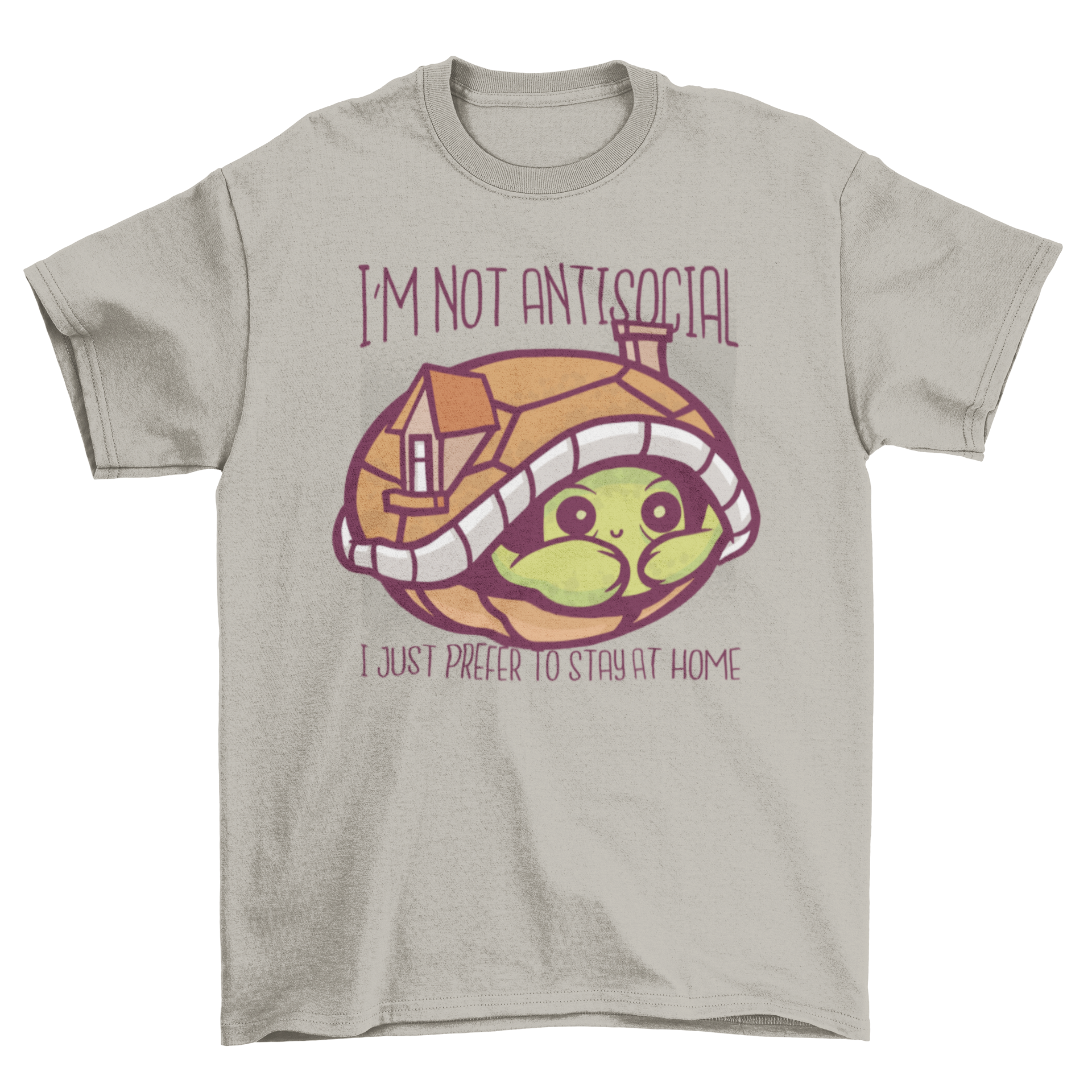 Cute turtle illustration on a t-shirt with a humorous quote about introversion.